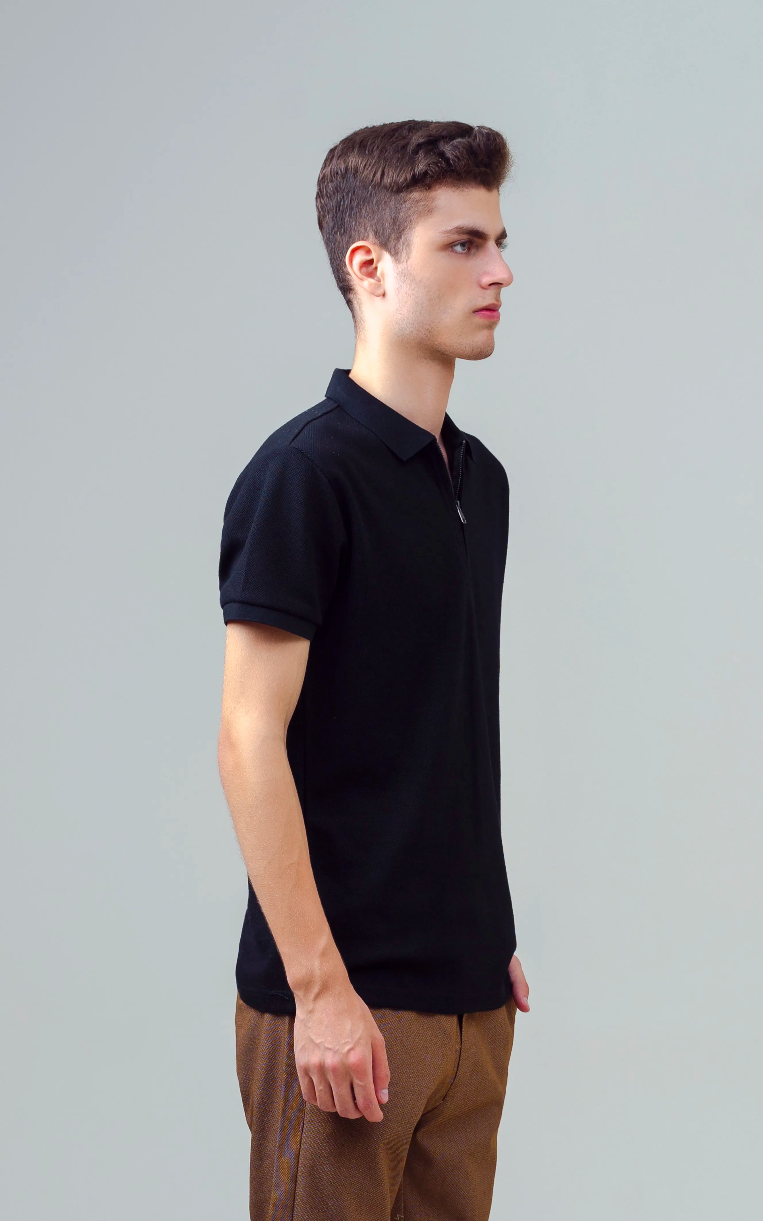TEXTURED ZIPPER POLO BLACK