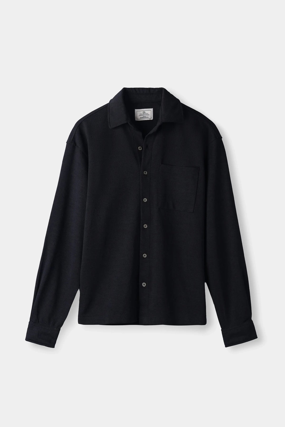 Black self-textured casual button-up shirt with regular collar and long sleeves