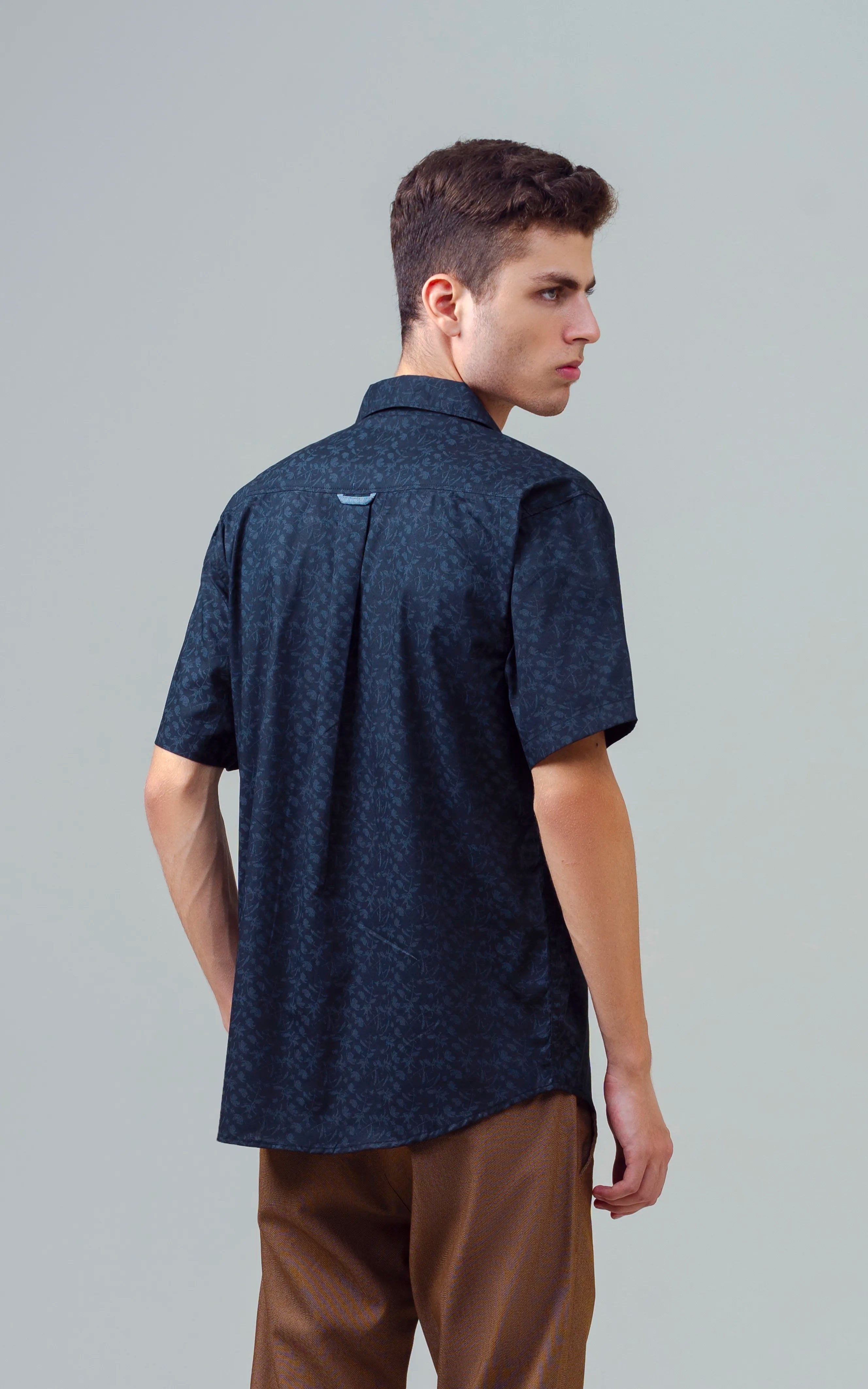 CUBAN COLLAR SHORT SLEEVES SHIRT BLACK PRINTED