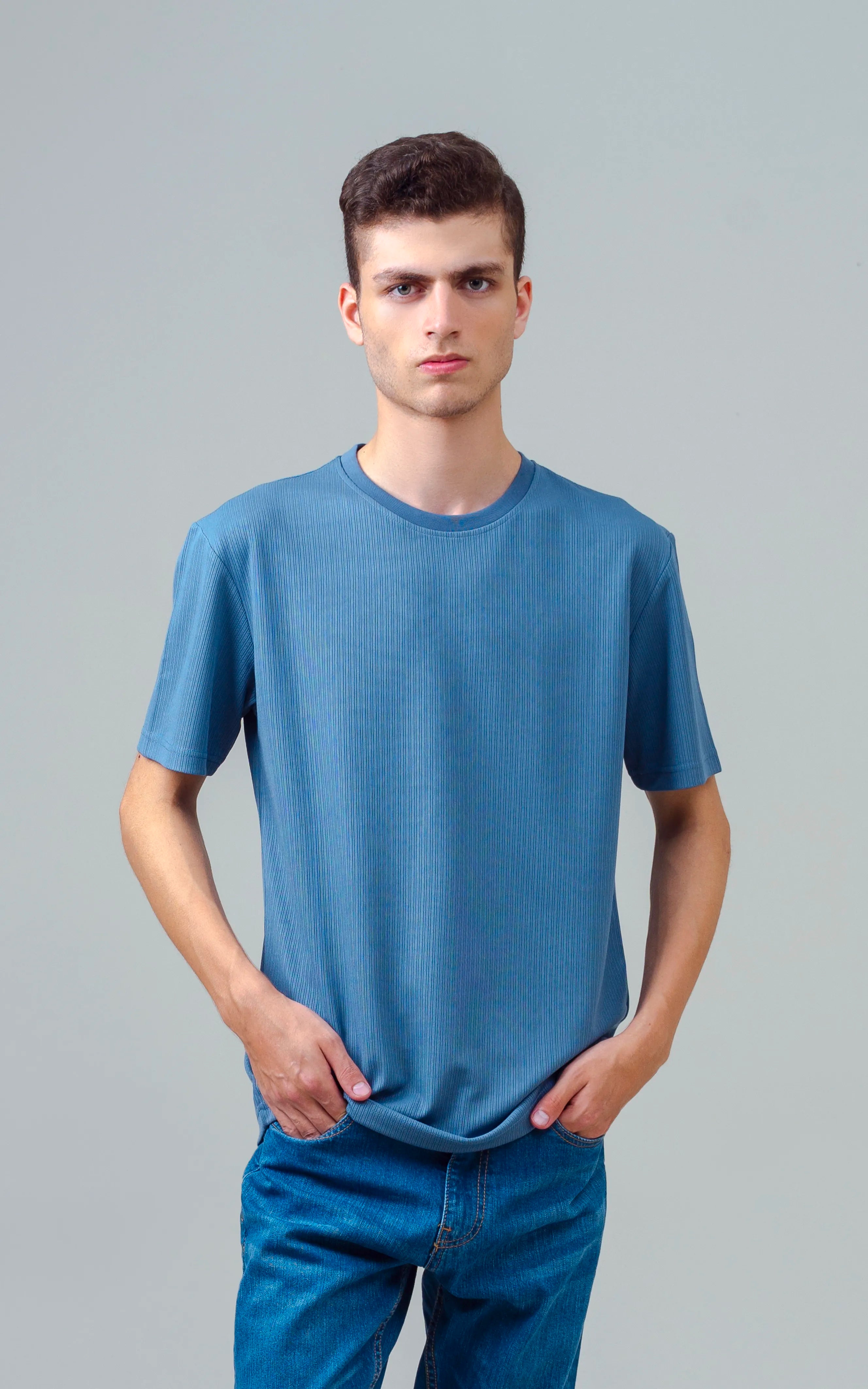 SELF STRIPED CREW NECK T SHIRT BLUE