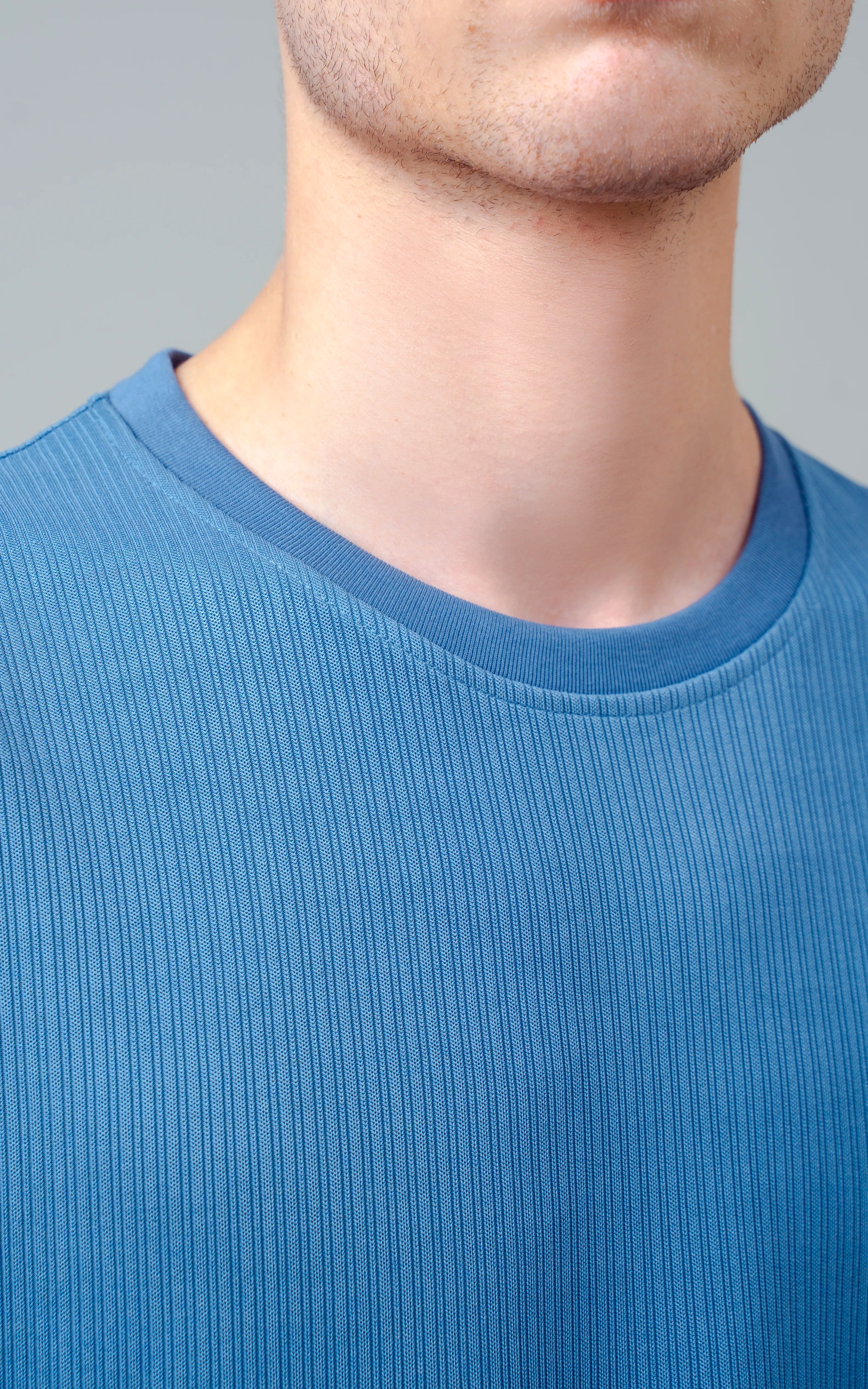 SELF STRIPED CREW NECK T SHIRT BLUE