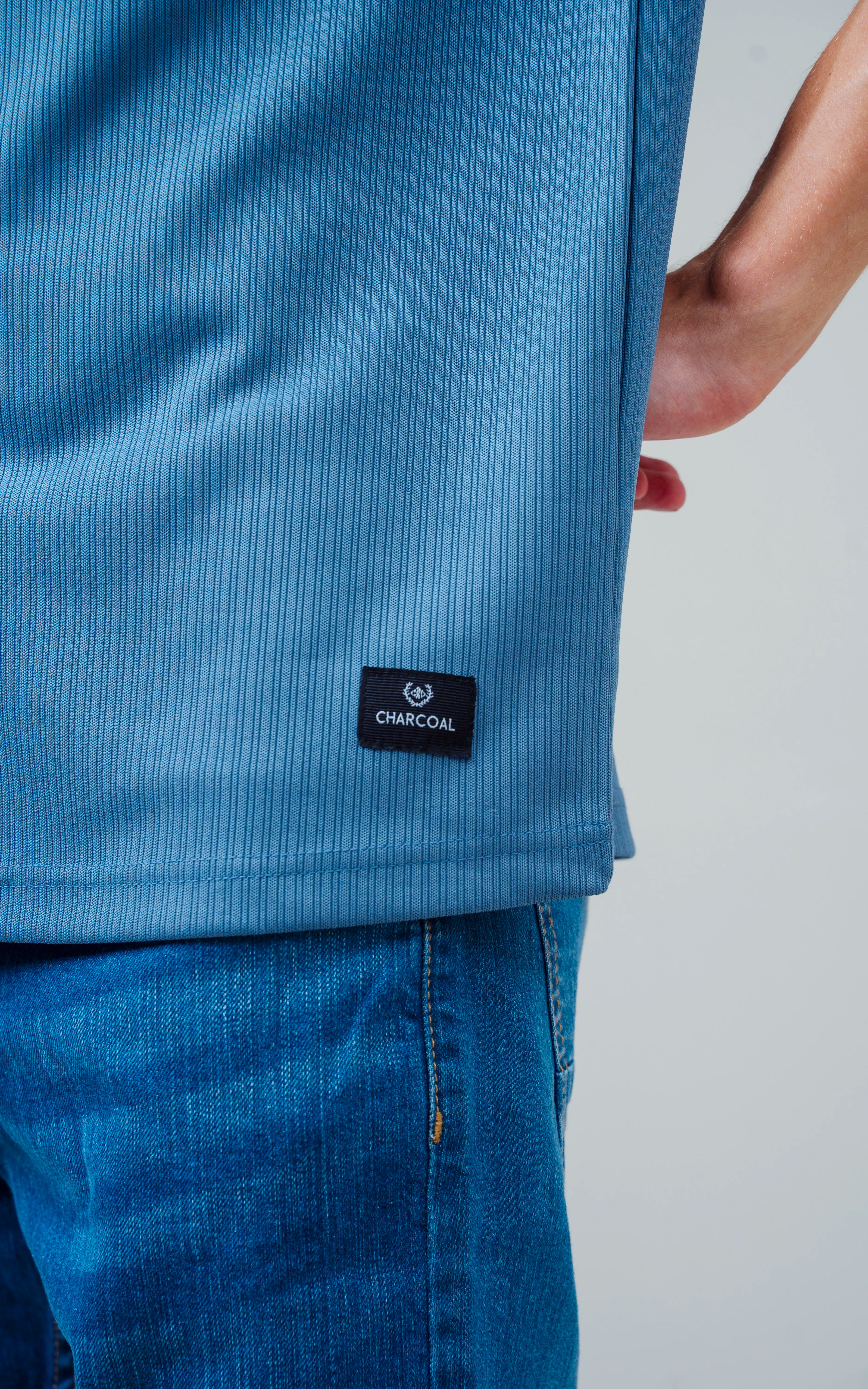 SELF STRIPED CREW NECK T SHIRT BLUE