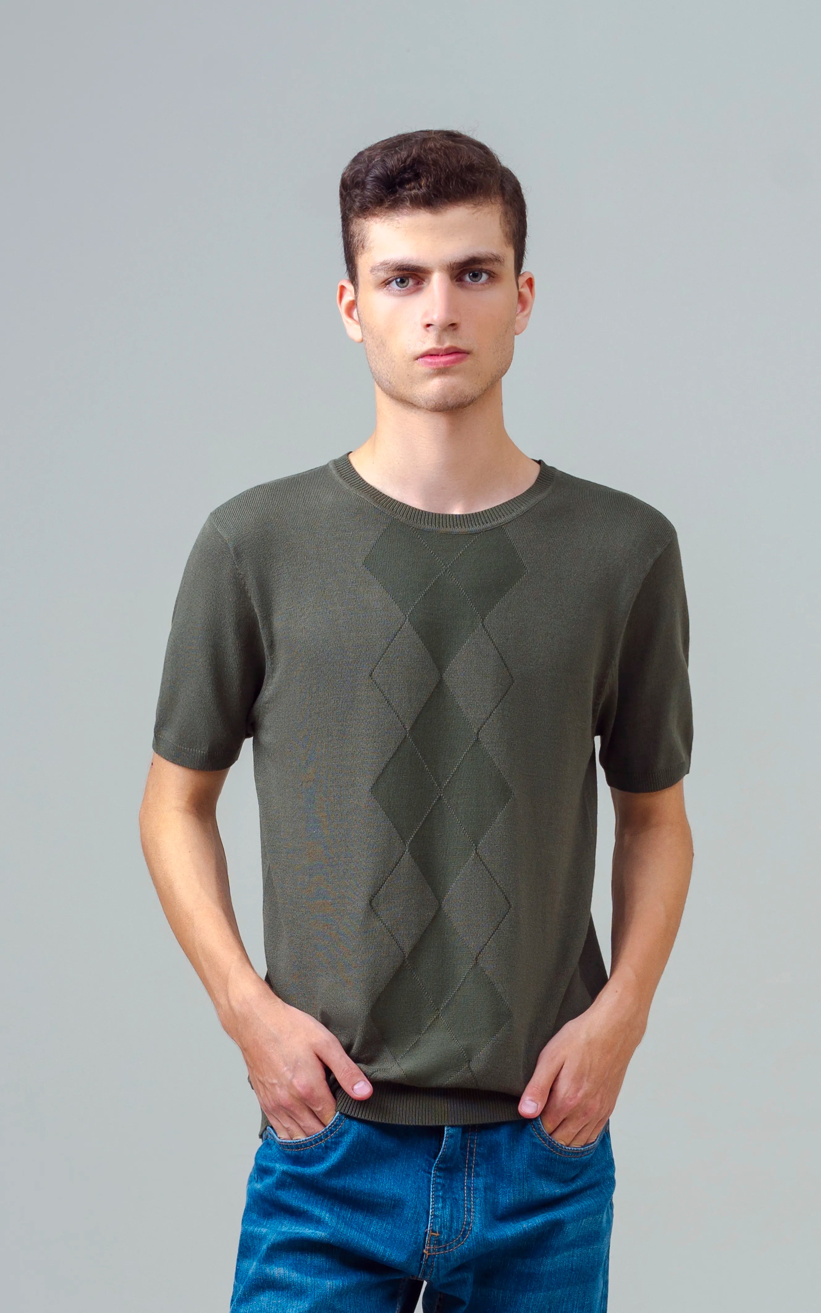 KNITTED CREW NECK T SHIRT OLIVE