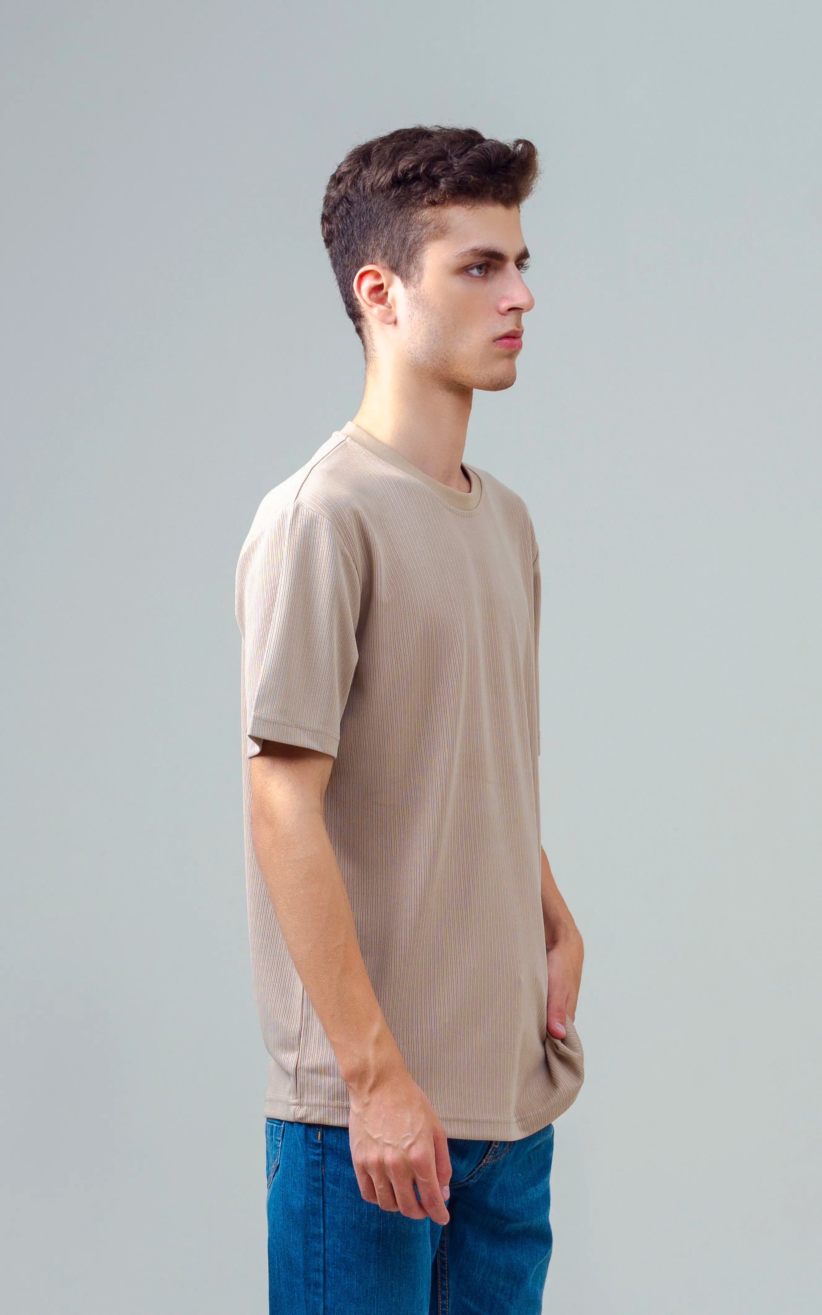 SELF STRIPED CREW NECK T SHIRT KHAKI
