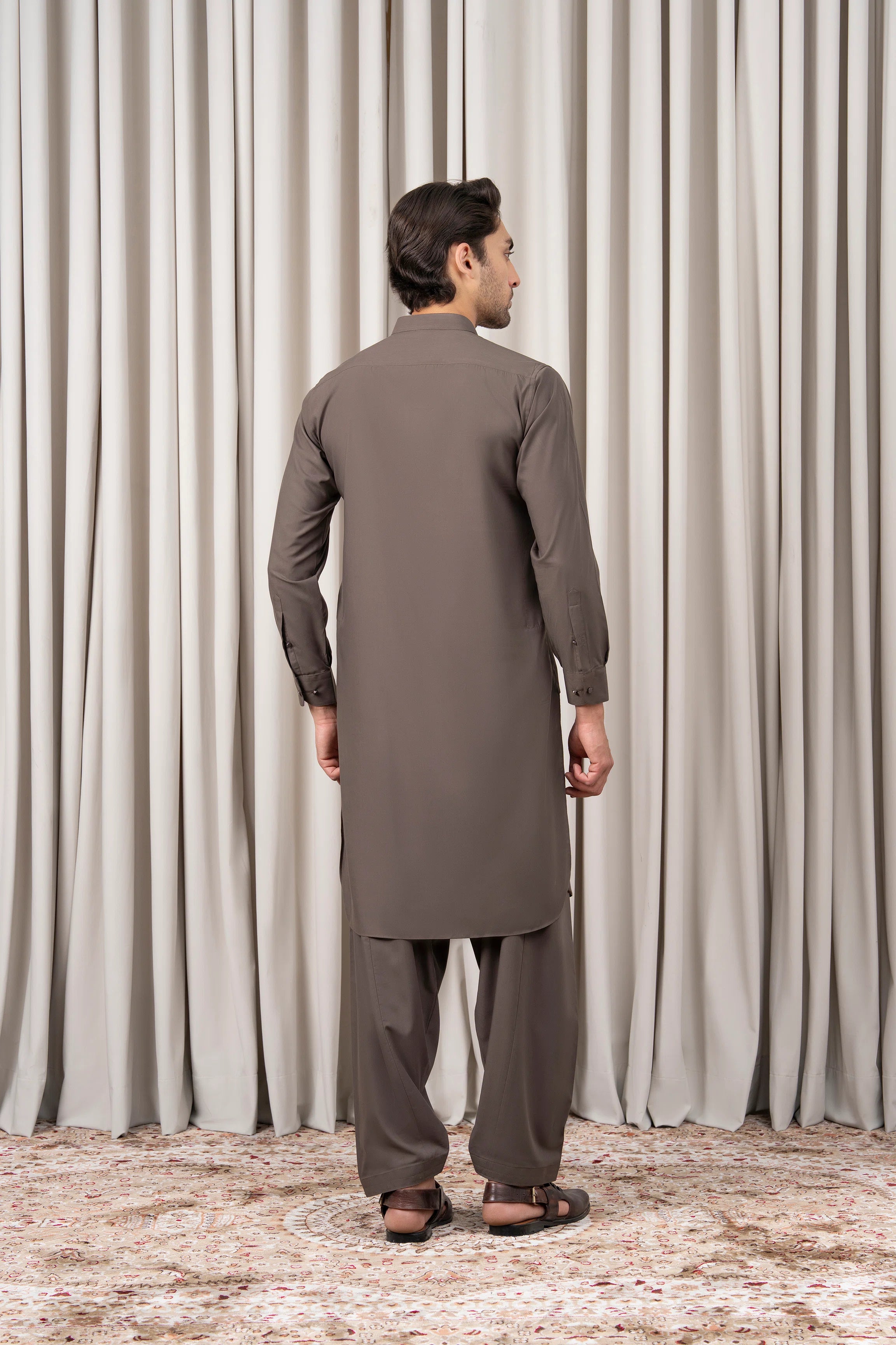 Mid-brown kameez shalwar set, long tunic with button placket and straight pants