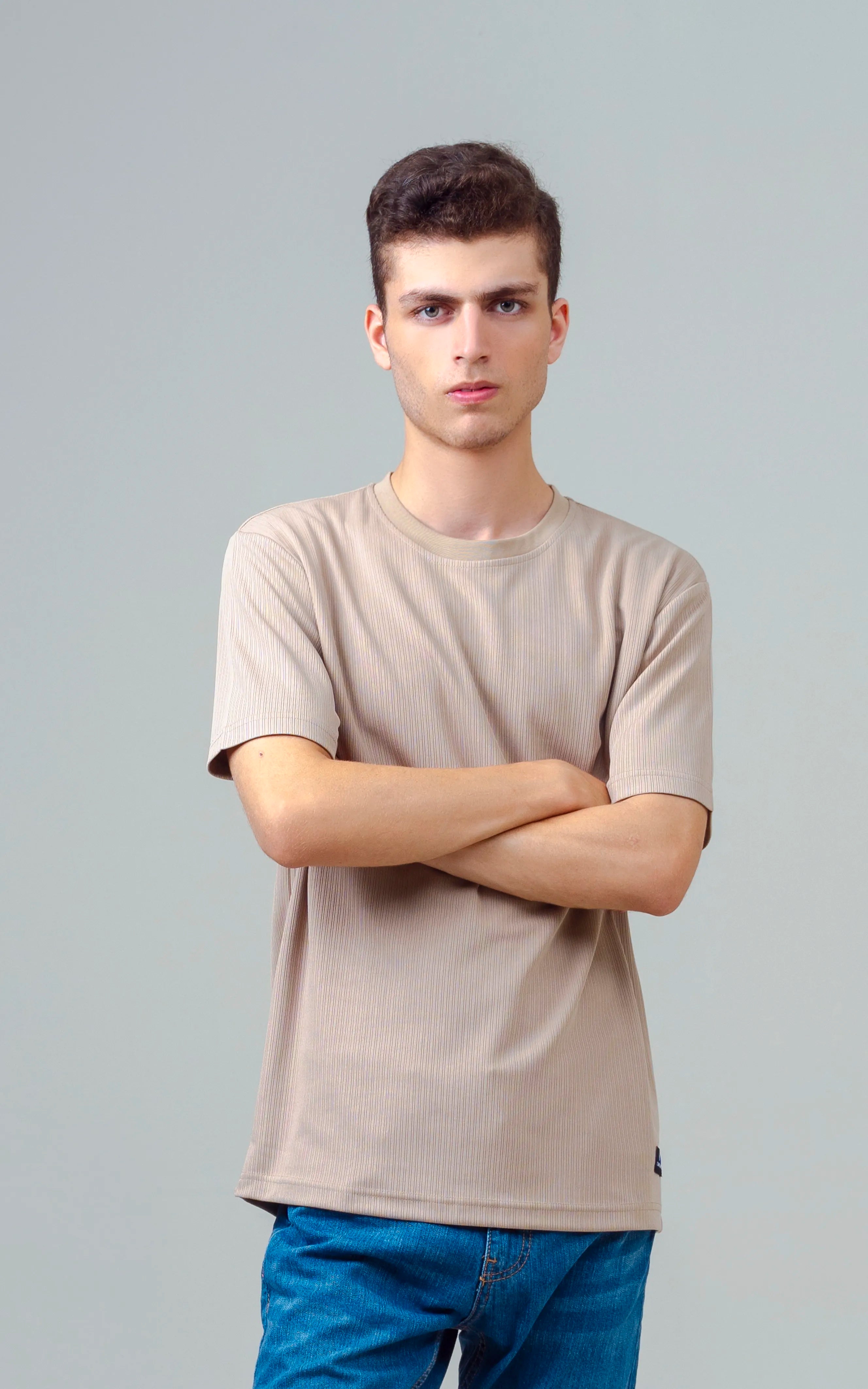 SELF STRIPED CREW NECK T SHIRT KHAKI