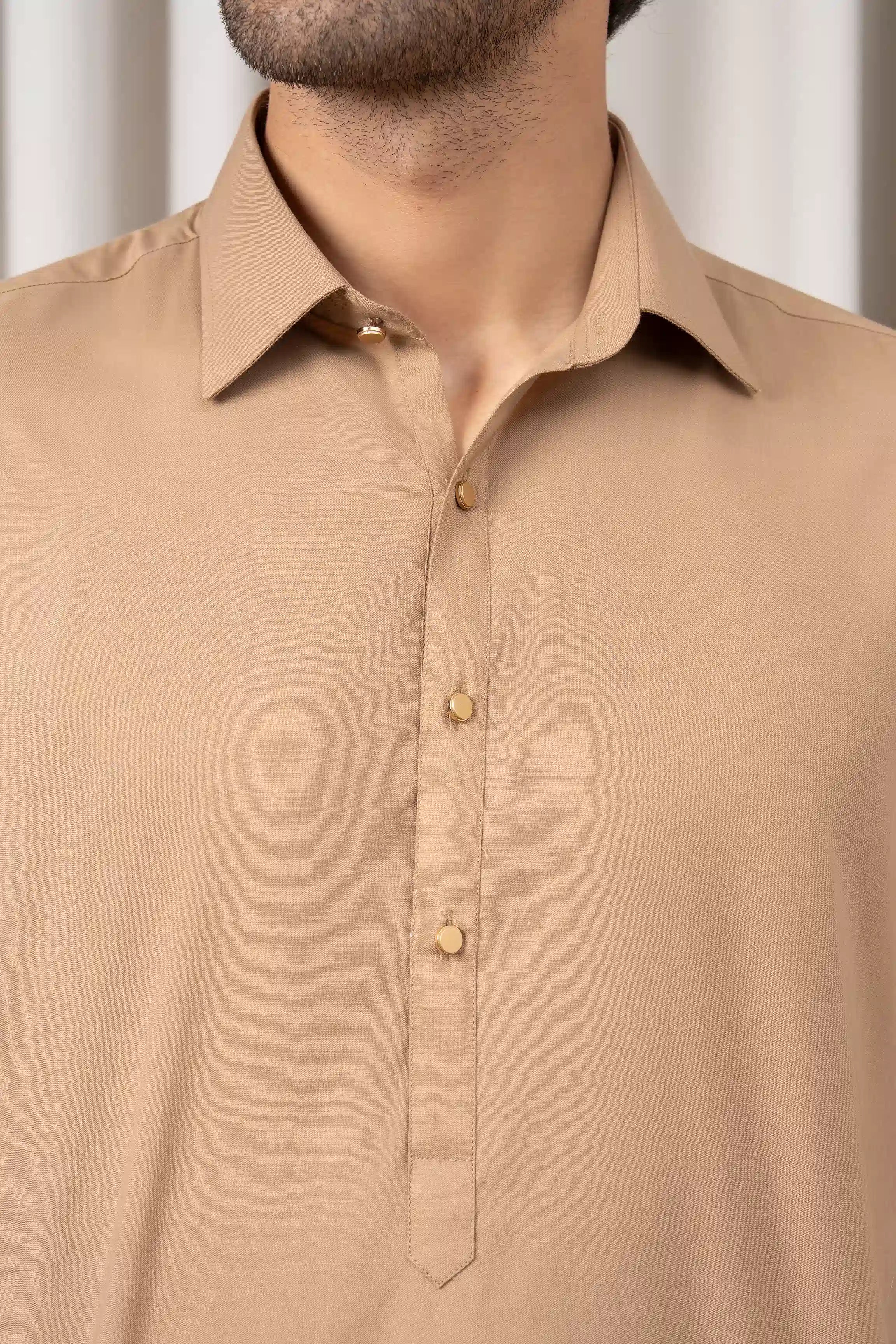 Khaki kameez collar with button front and short stand-up neckline detail