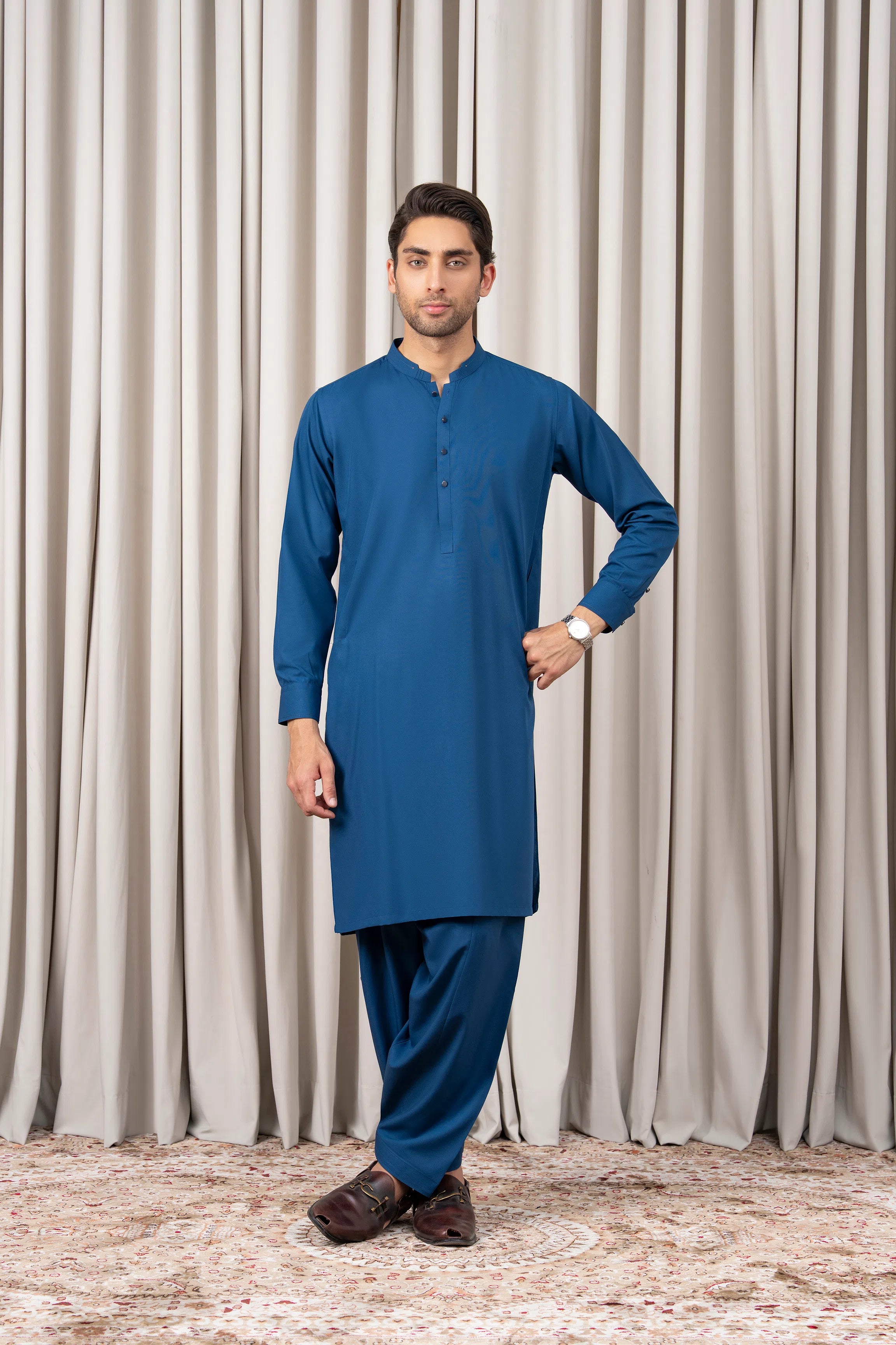 TEXTURED BLENDED KAMEEZ SHALWAR - SIGNATURE COLLECTION CERULEAN BLUE