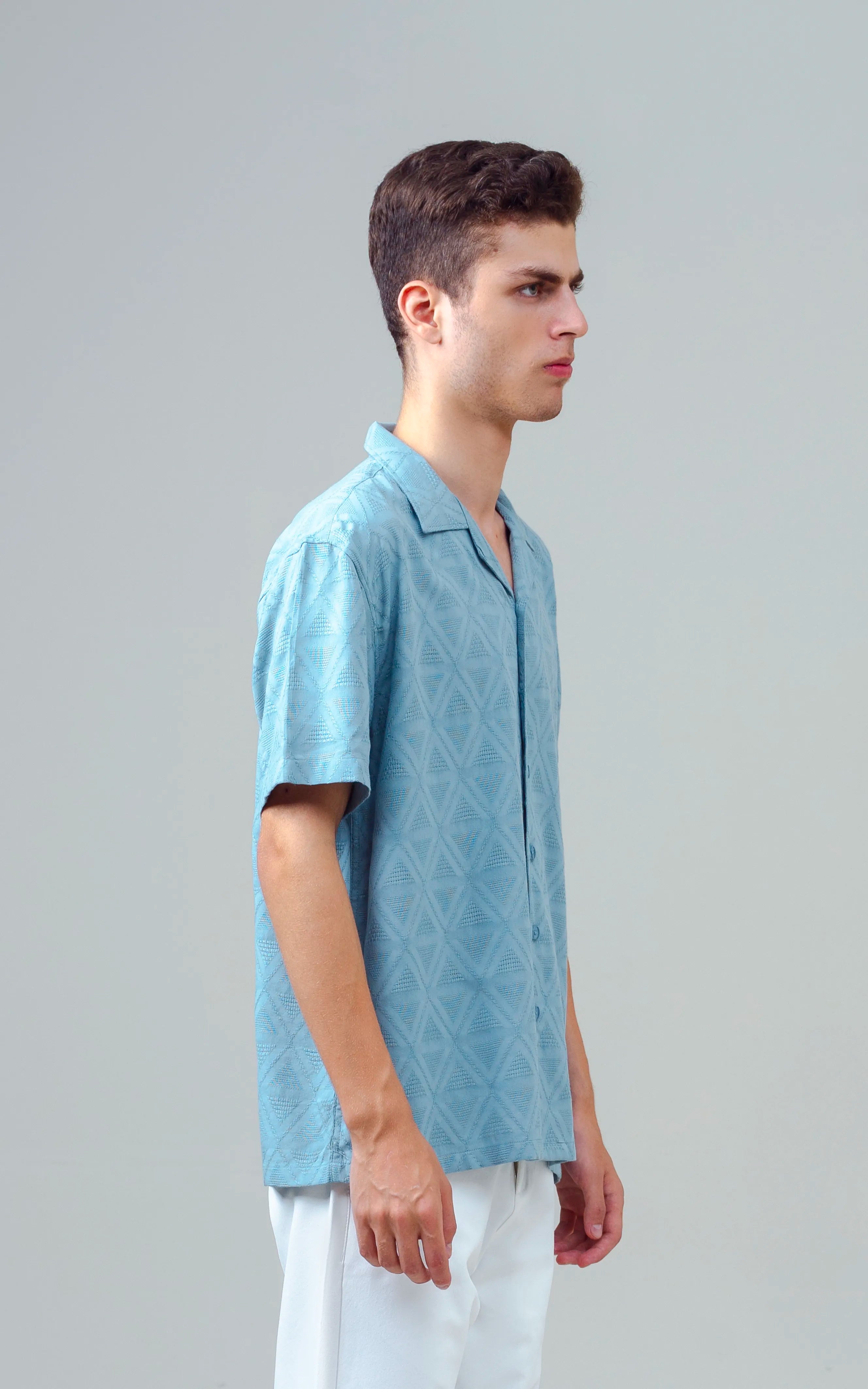 CUBAN COLLAR SHORT SLEEVES SHIRT AQUA BLUE