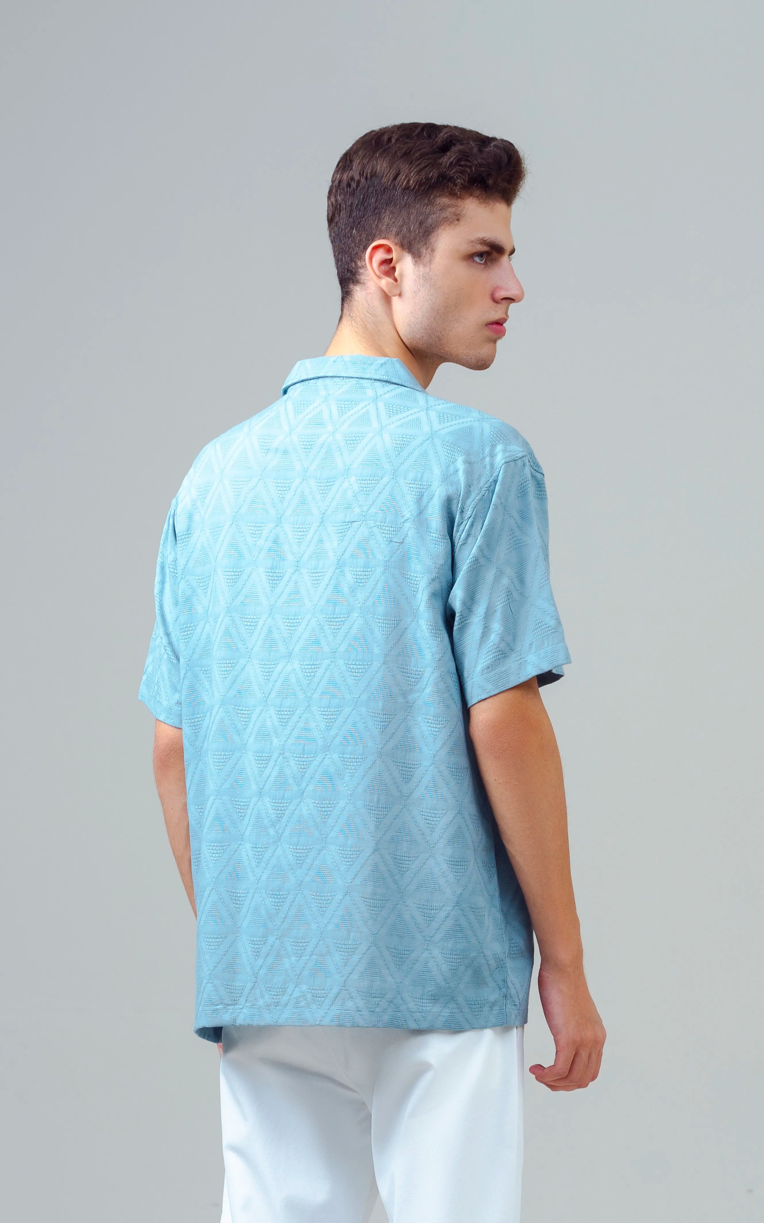 CUBAN COLLAR SHORT SLEEVES SHIRT AQUA BLUE