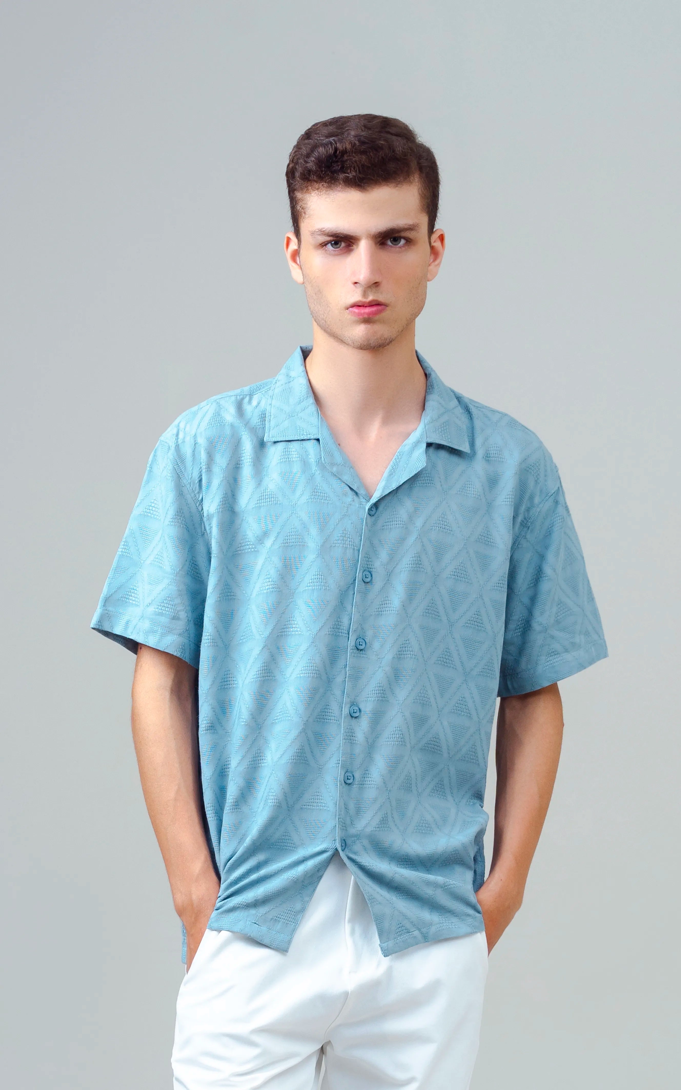 CUBAN COLLAR SHORT SLEEVES SHIRT AQUA BLUE