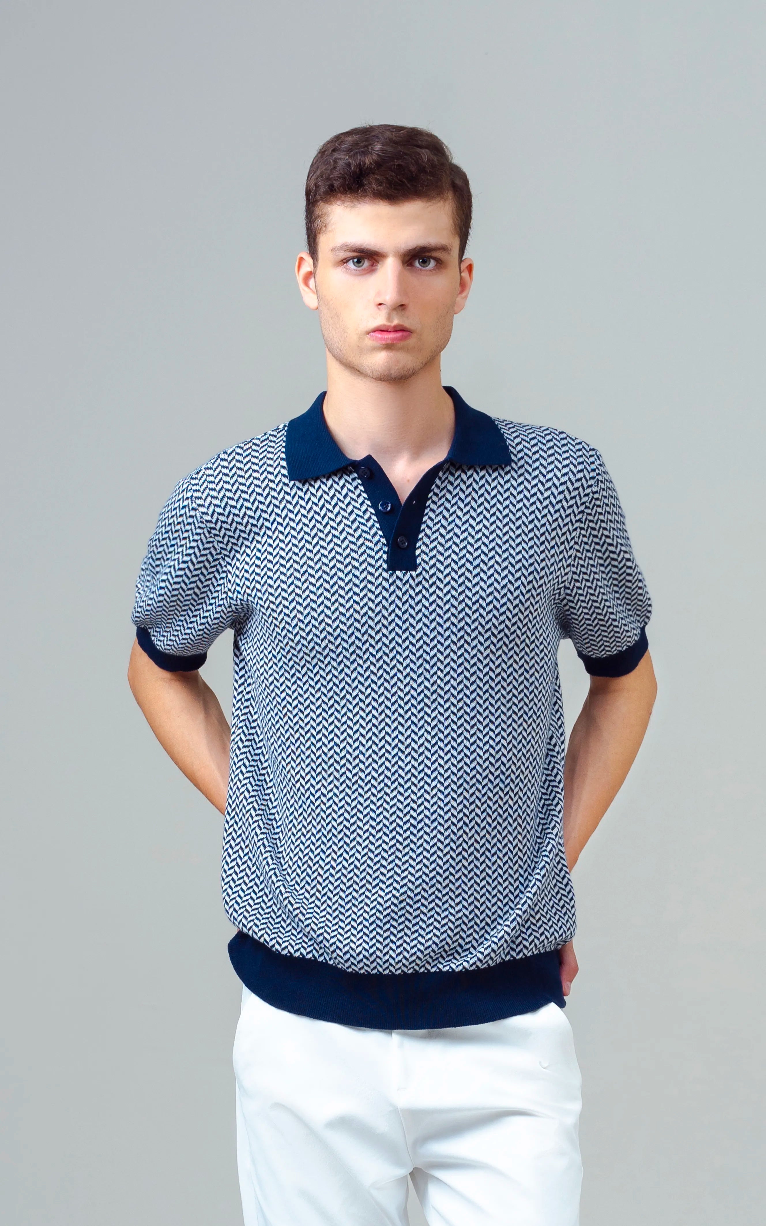 KNITTED JACQUARD POLO SHIRT NAVY