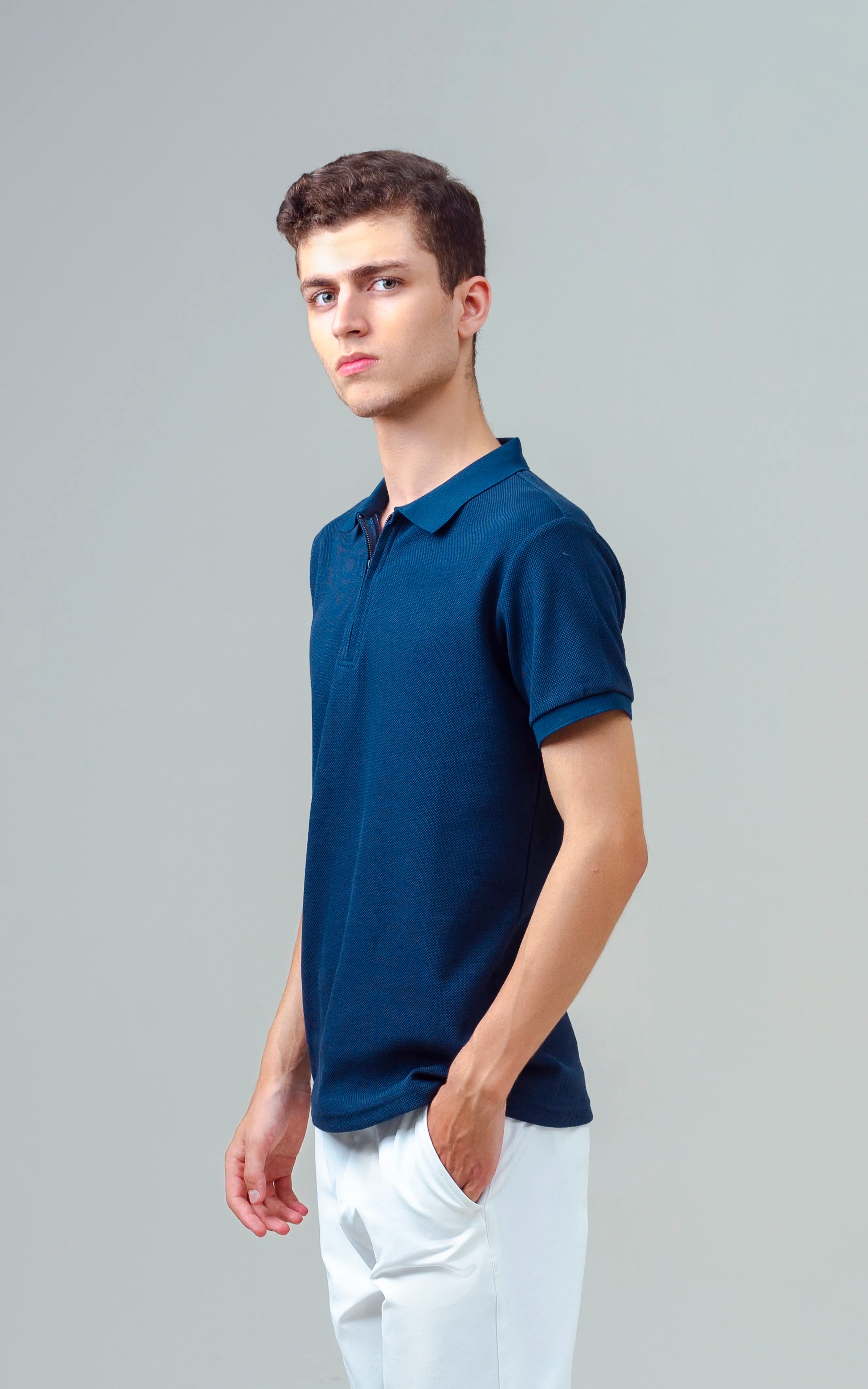 TEXTURED ZIPPER POLO NAVY