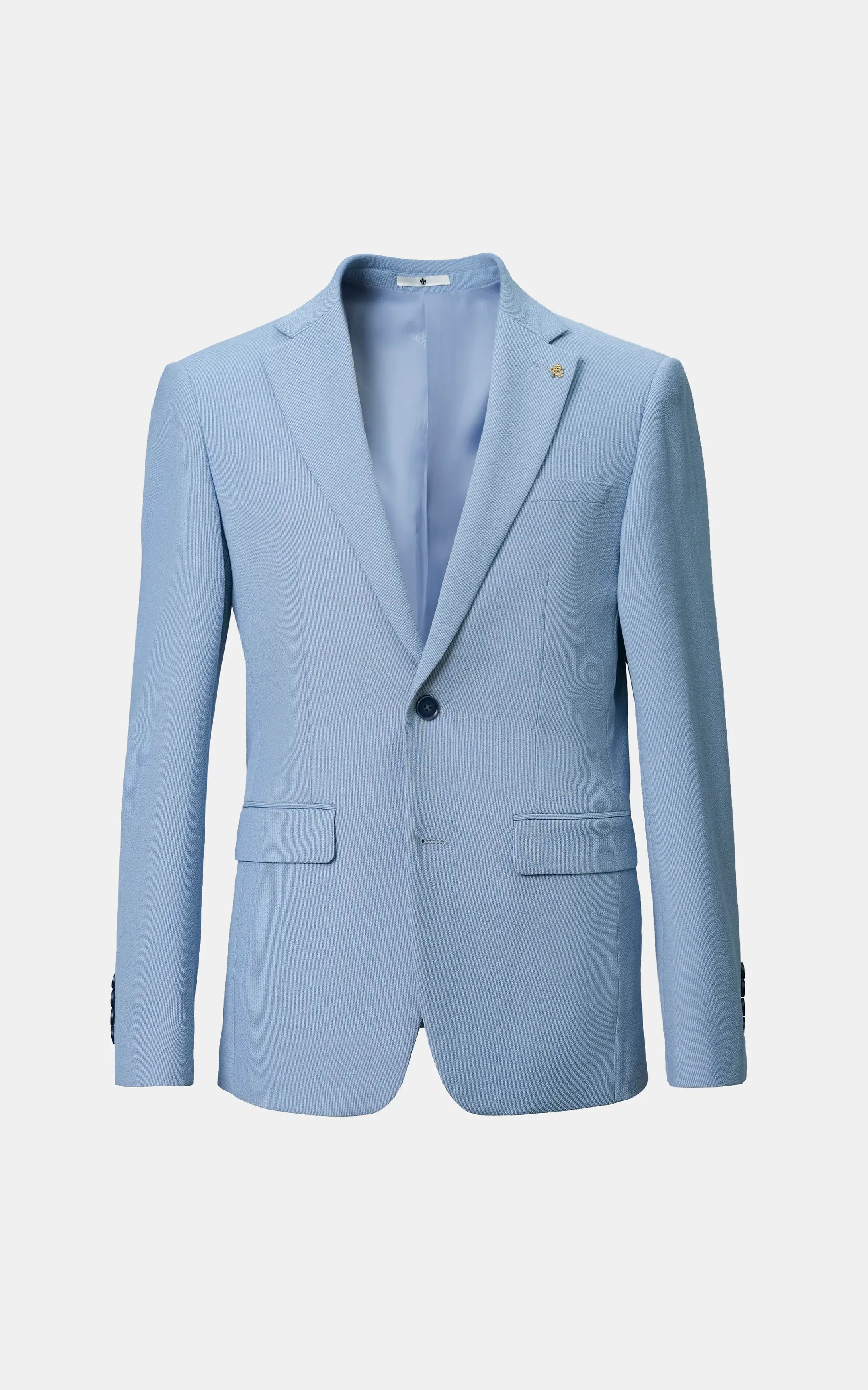 Sky blue casual coat with notch lapels, single-breasted front, flap pockets