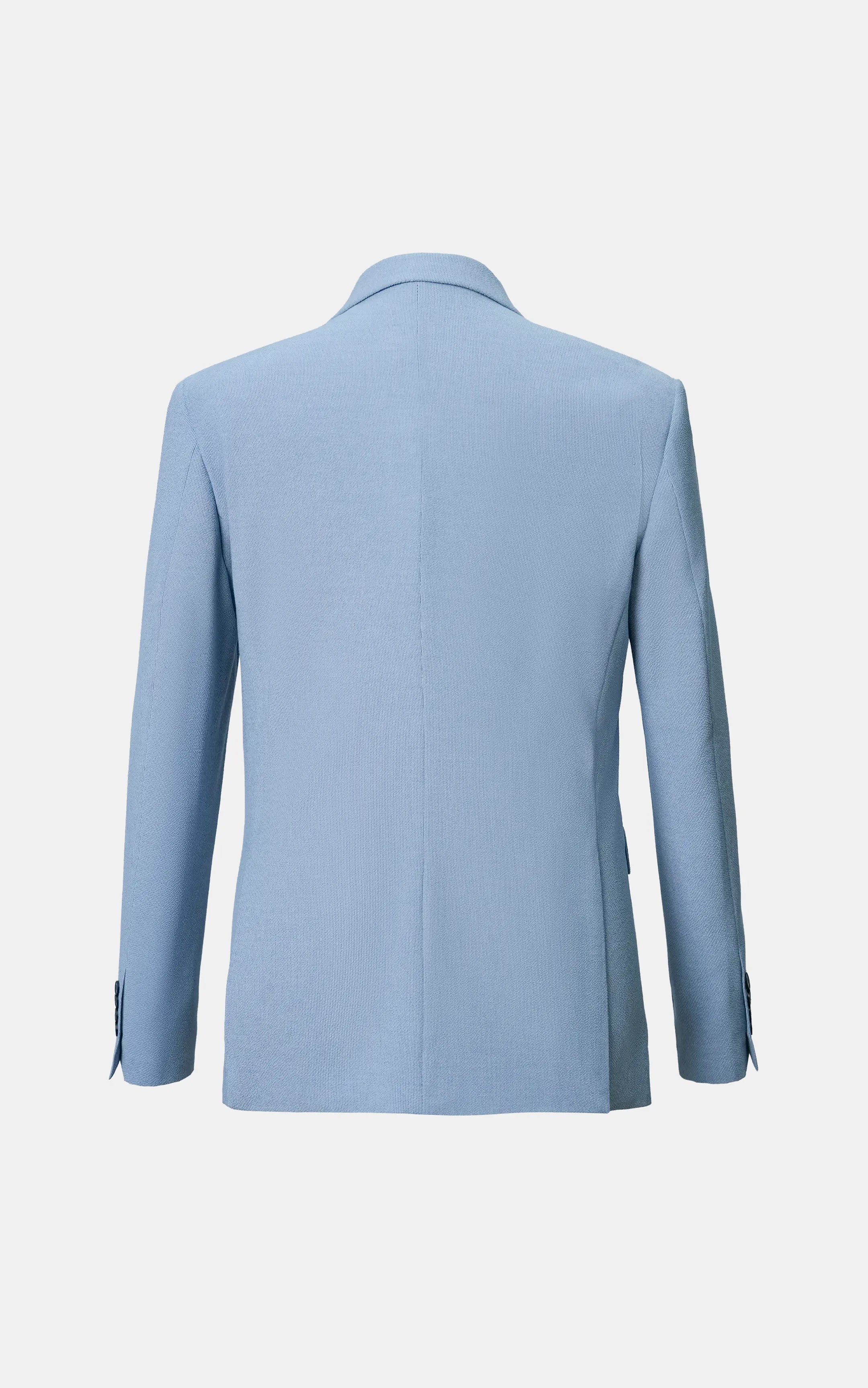 Sky blue casual coat back with tailored shoulders and center seam