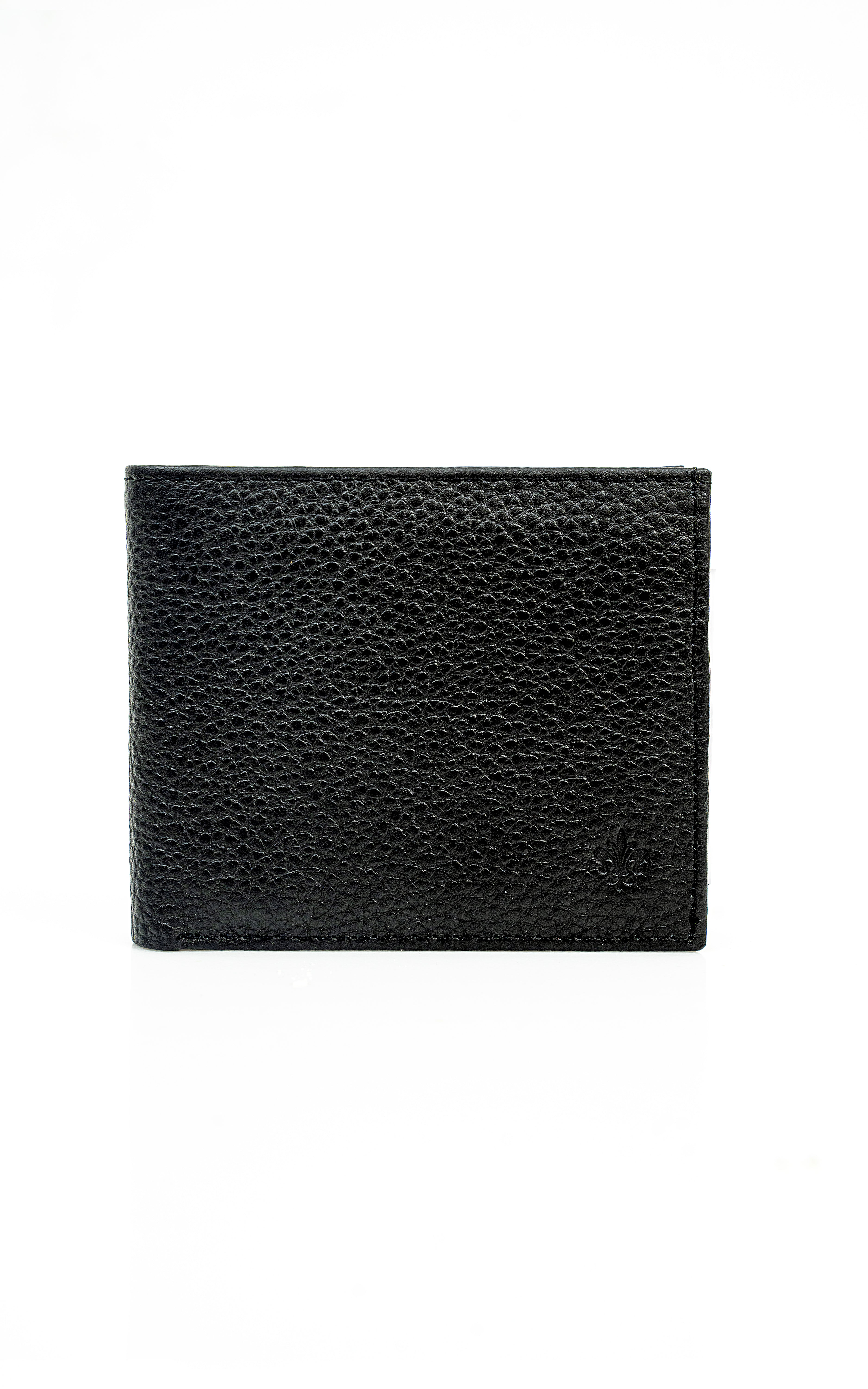 Black leather wallet with textured finish, folded front view