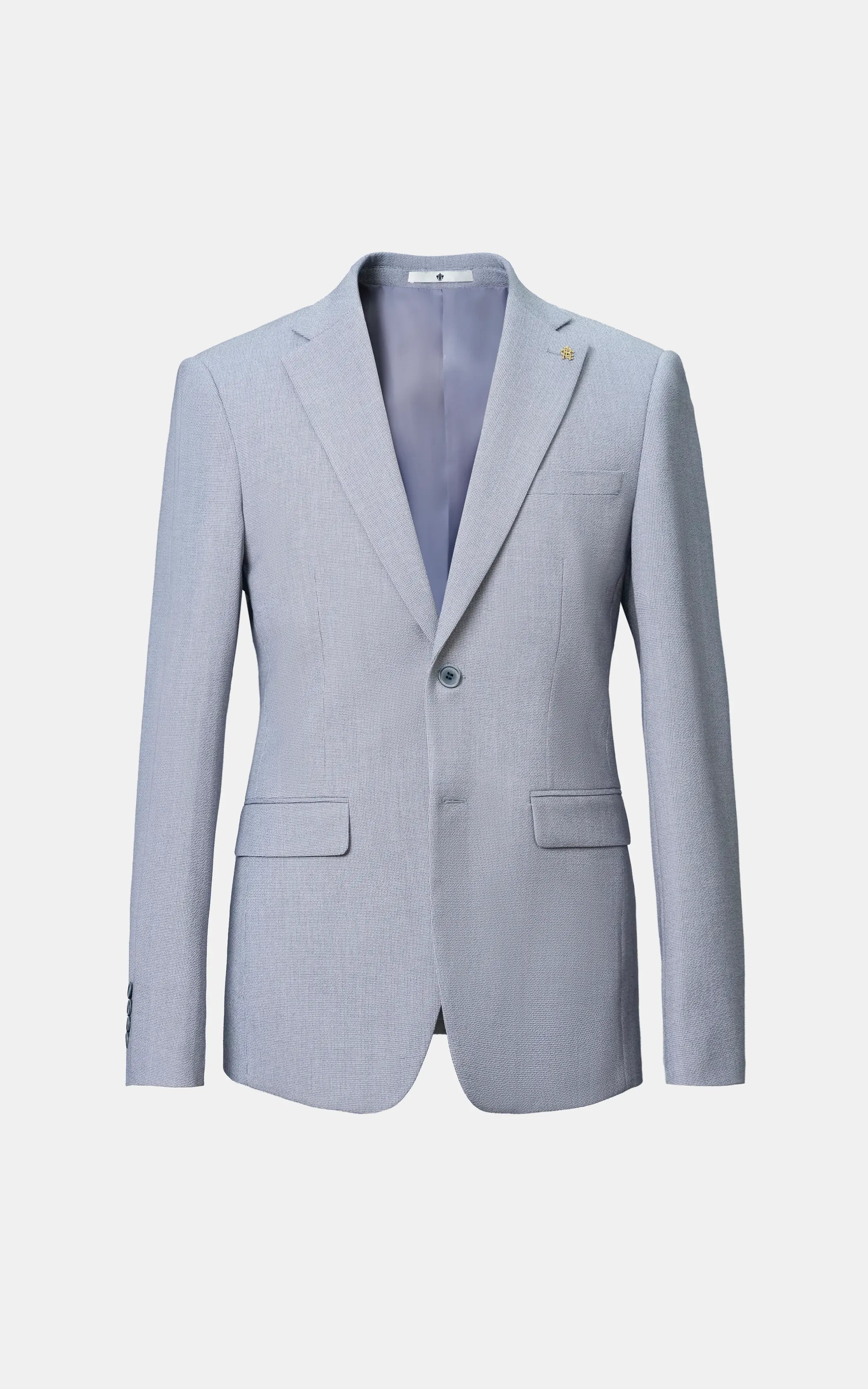 Grey casual coat with notch lapels, single-breasted button, and flap pockets