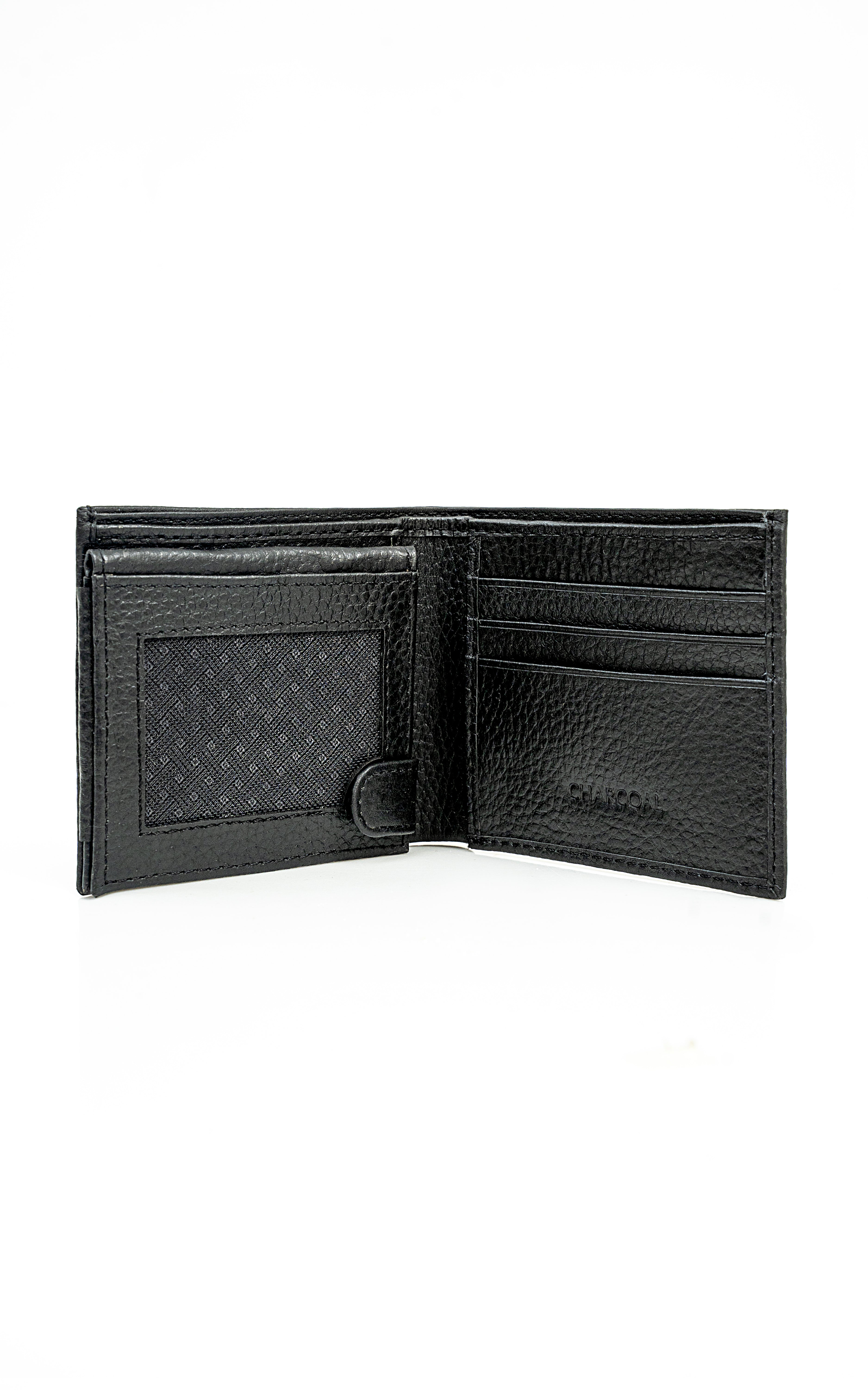 Black leather wallet opened, showing card slots and inner compartments