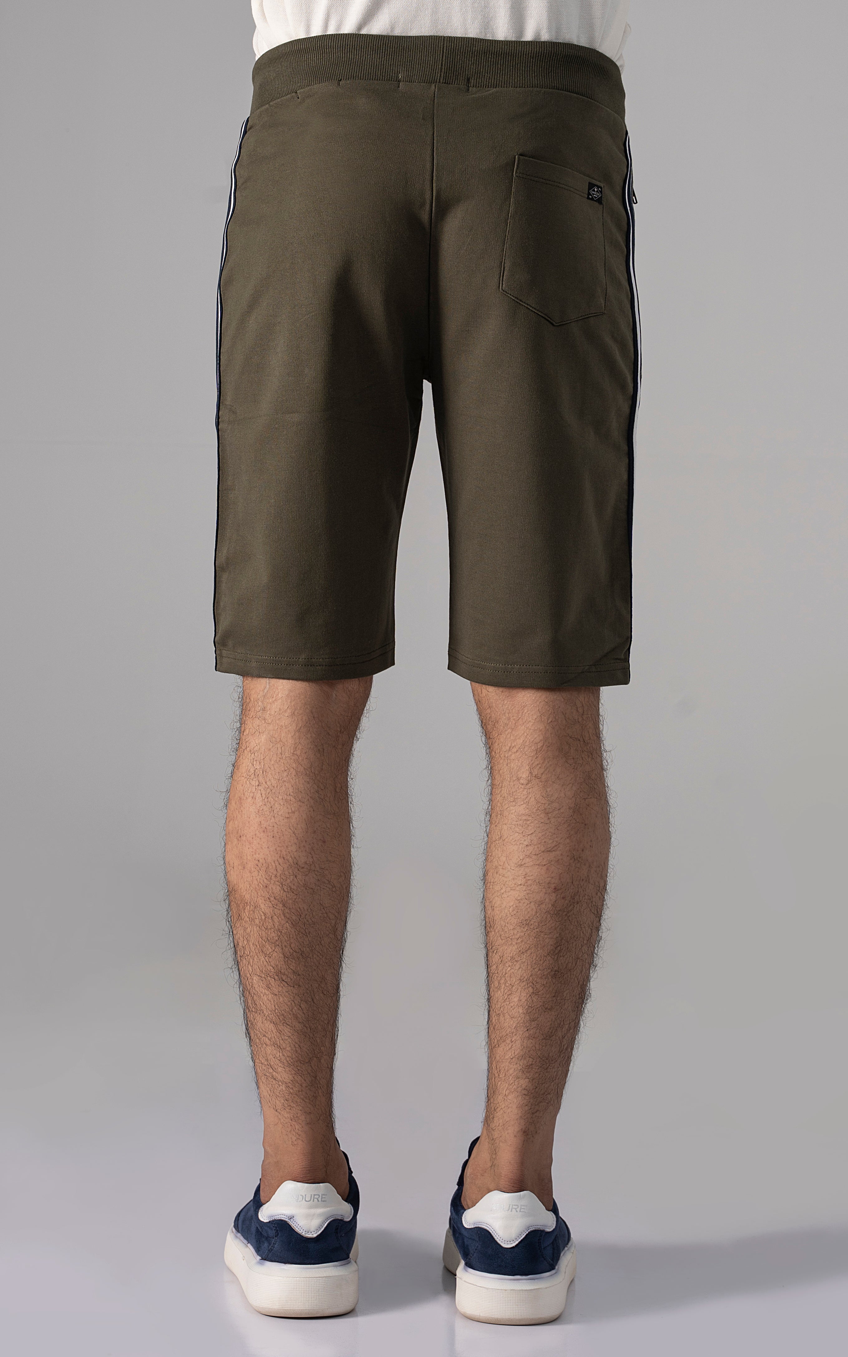 Olive casual shorts with drawstring and back welt pockets.