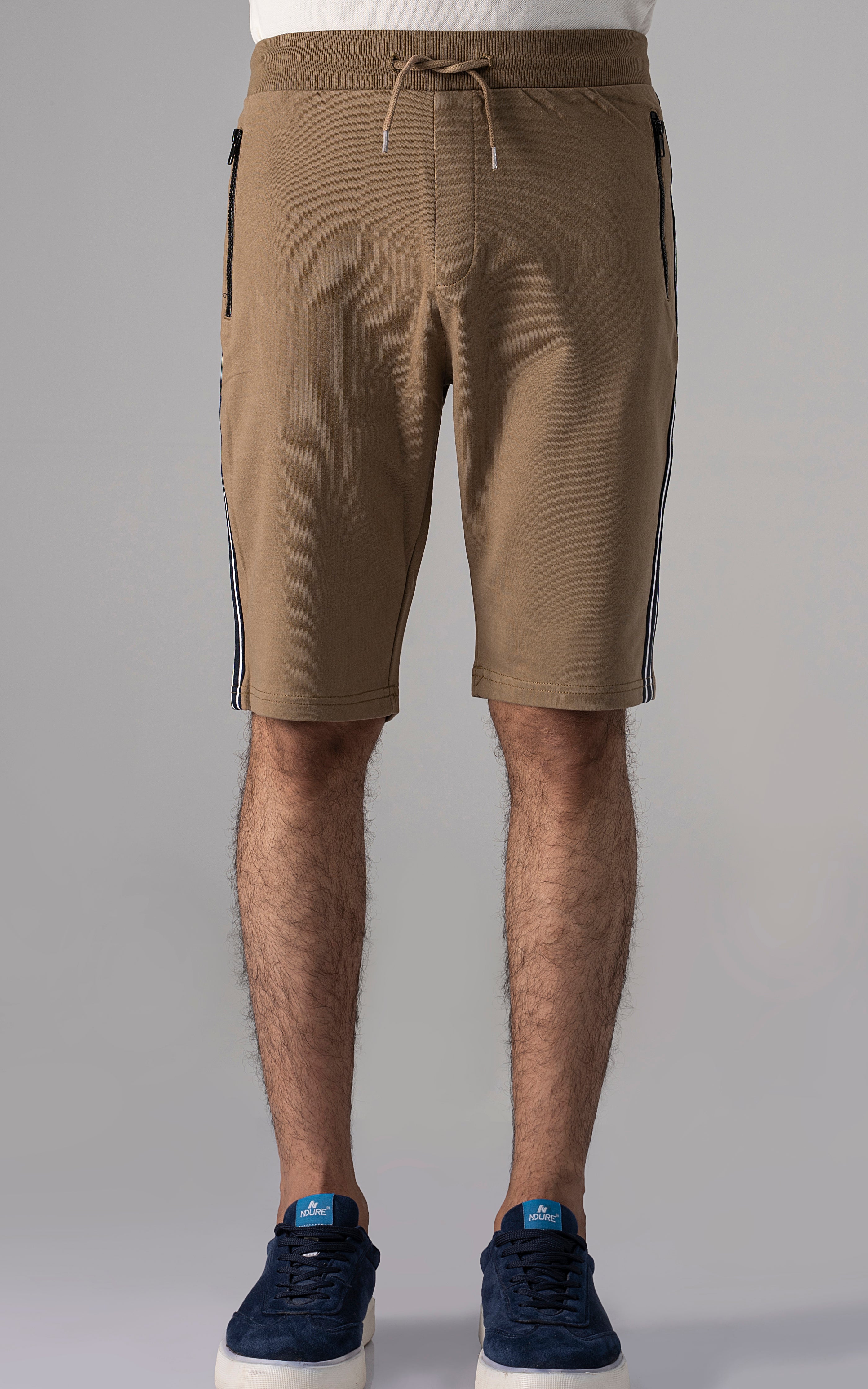 Khaki French terry shorts with drawstring waistband and side stripe detail