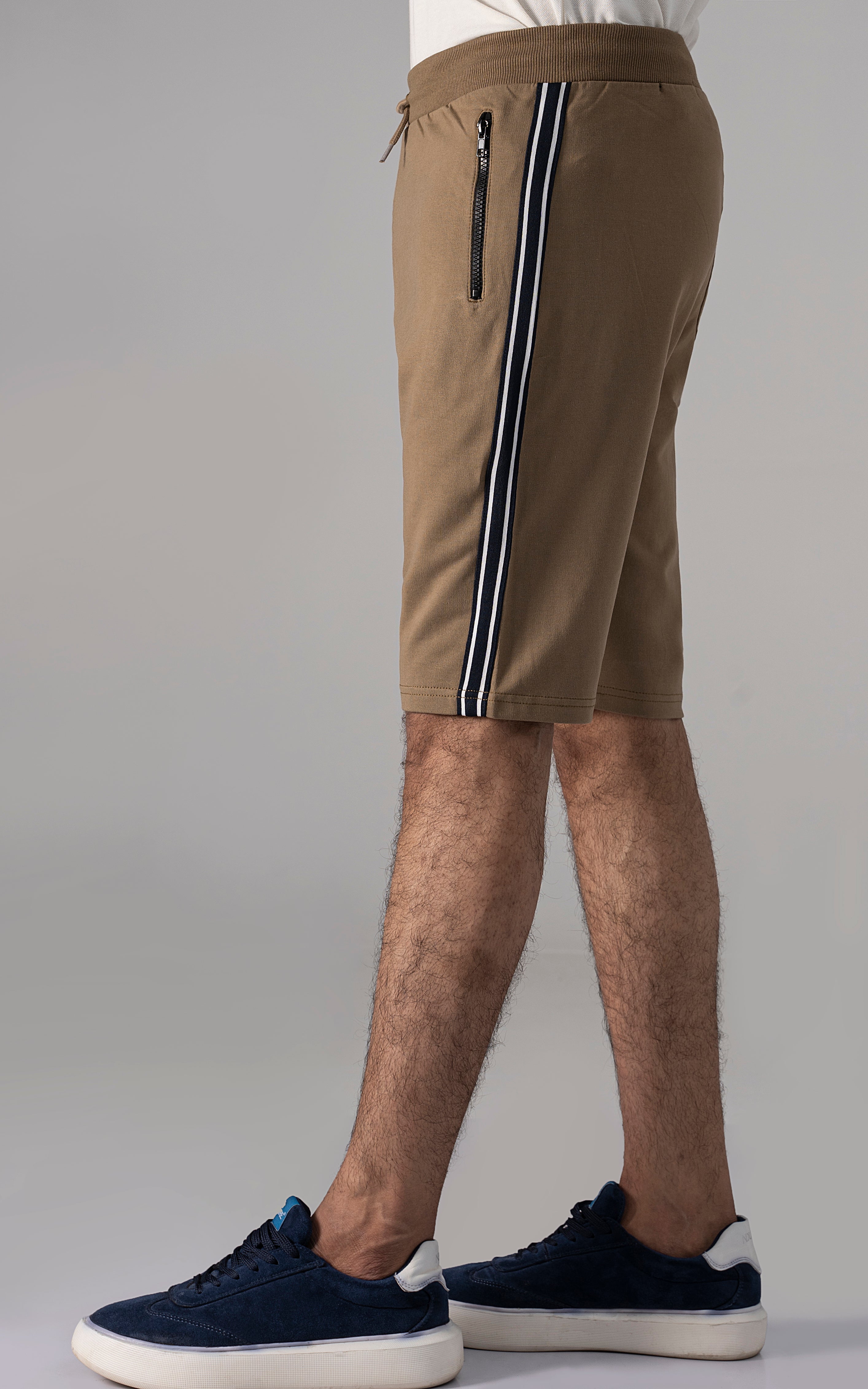 Khaki French terry casual shorts with side stripe and zip pocket at leg