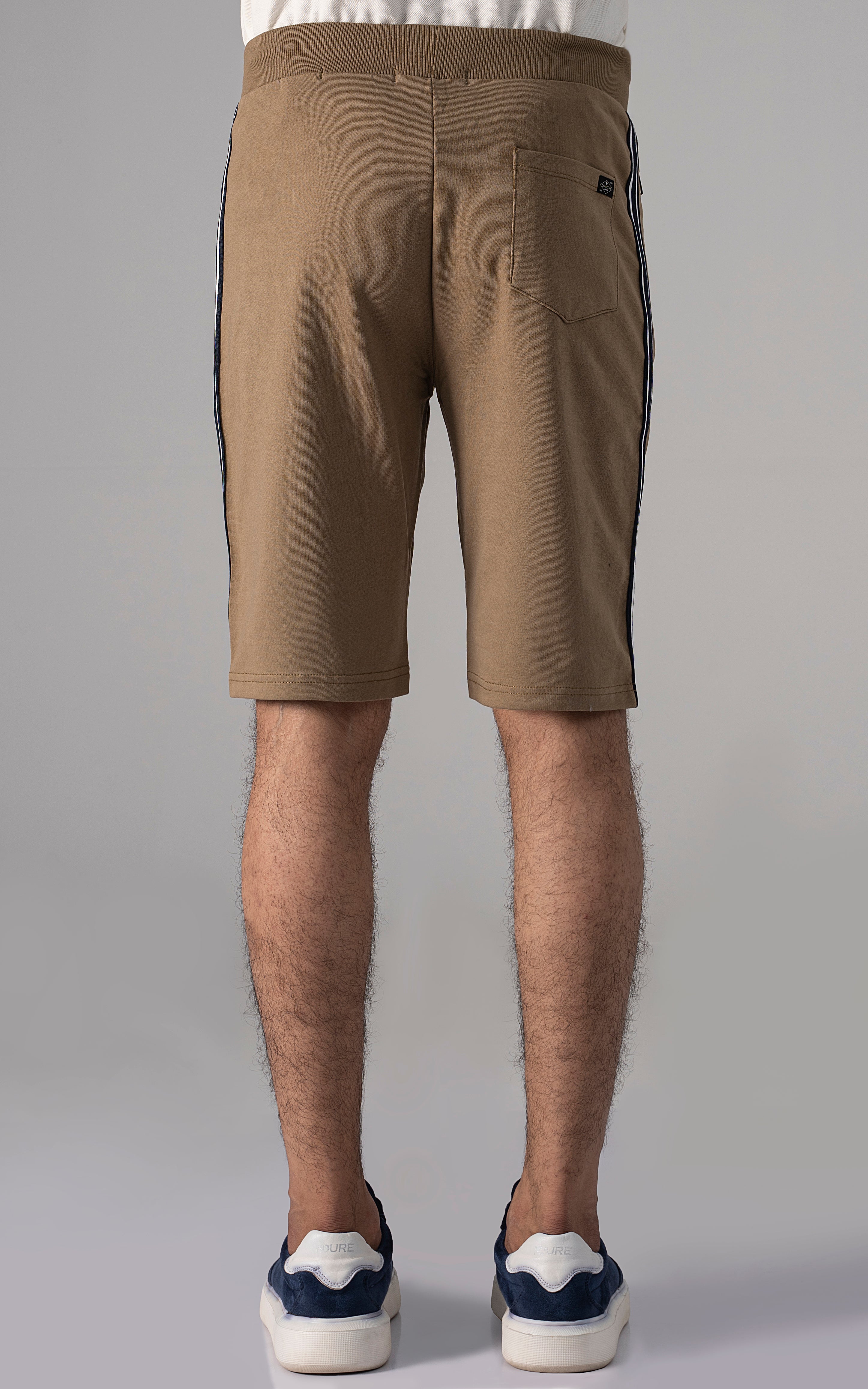 Khaki French terry shorts with back pocket and vertical side stripe