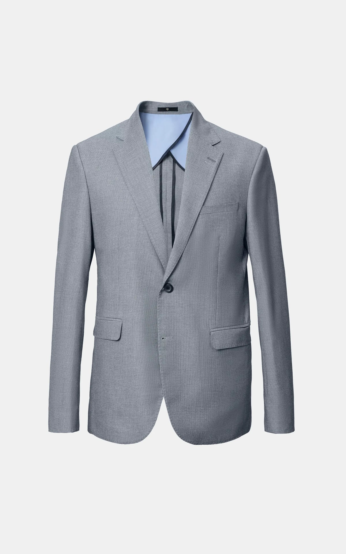 Grey casual coat with houndstooth check, notch lapels, single-breasted front, side pockets