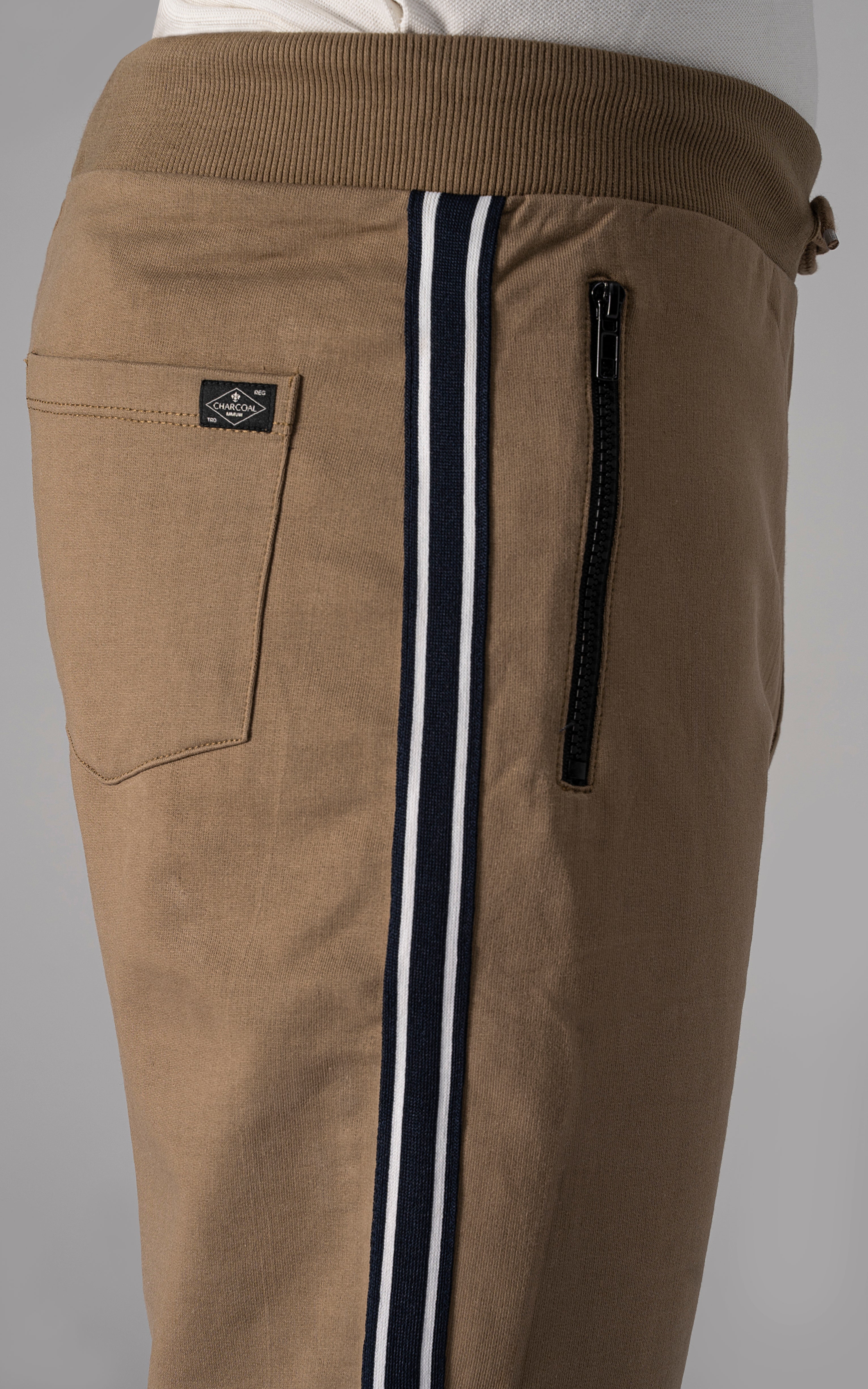 Khaki French terry shorts close-up of side stripe and zip pocket