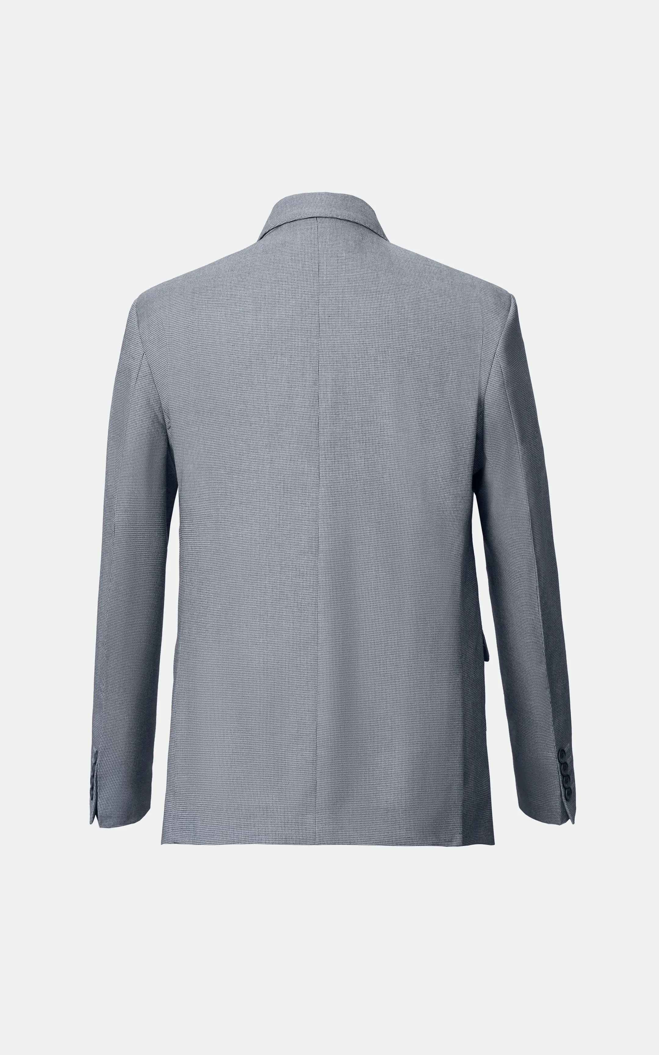 Grey casual coat back view with smooth yoke, center seam, and long sleeves