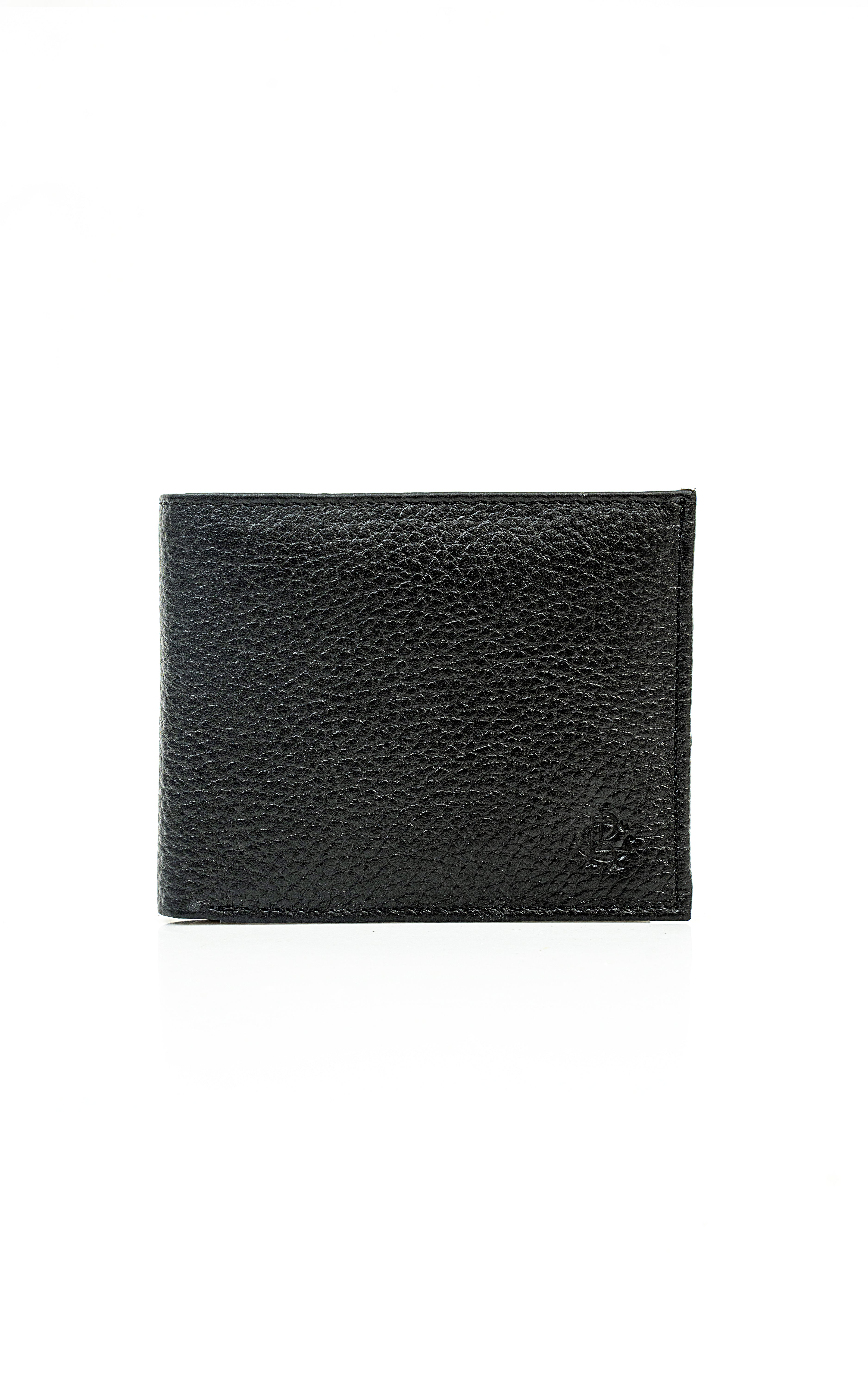 Black leather wallet with textured finish, square front, minimal design