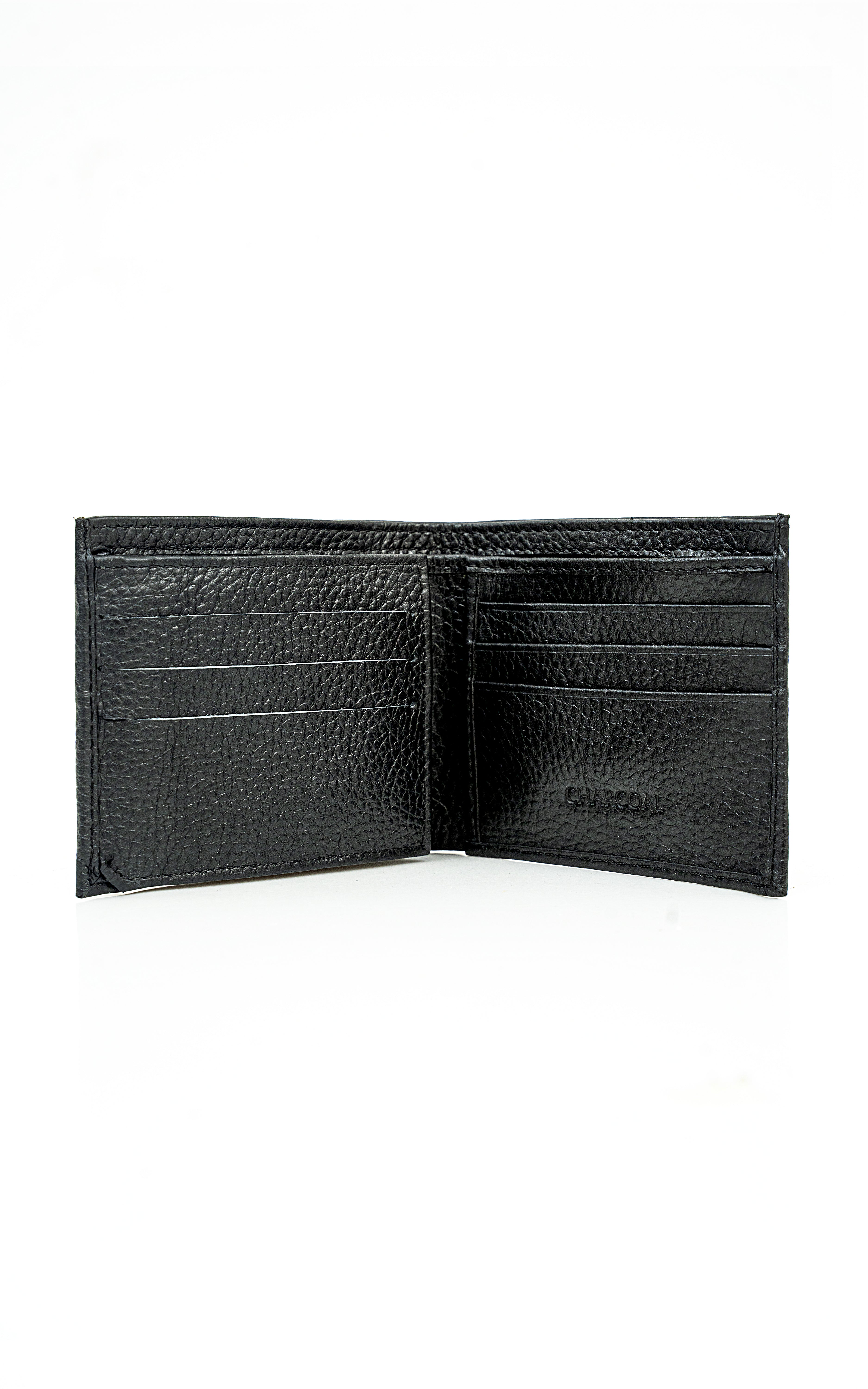 Black leather bifold wallet open, card slots and center divider visible