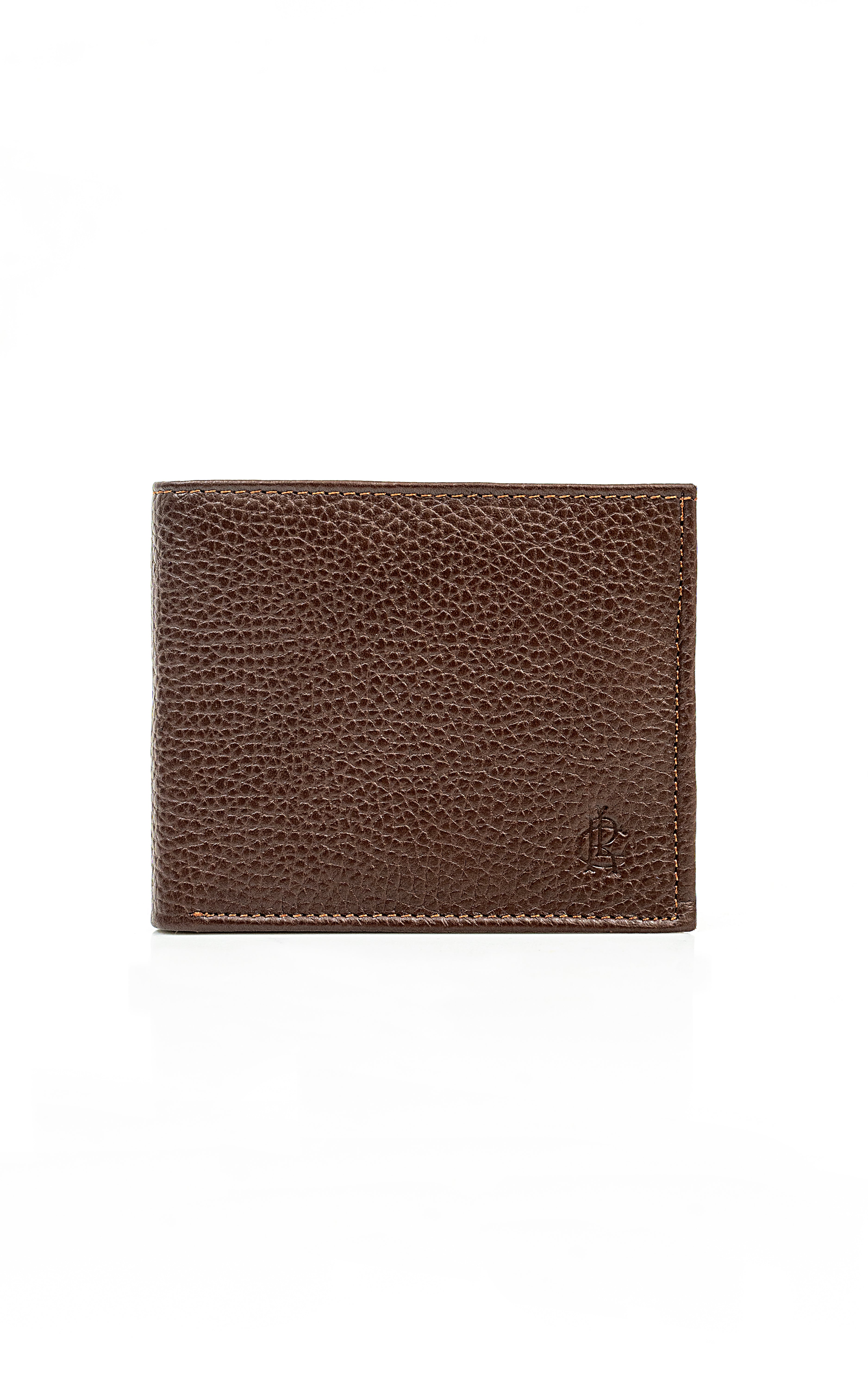 Brown leather wallet with textured finish, front view