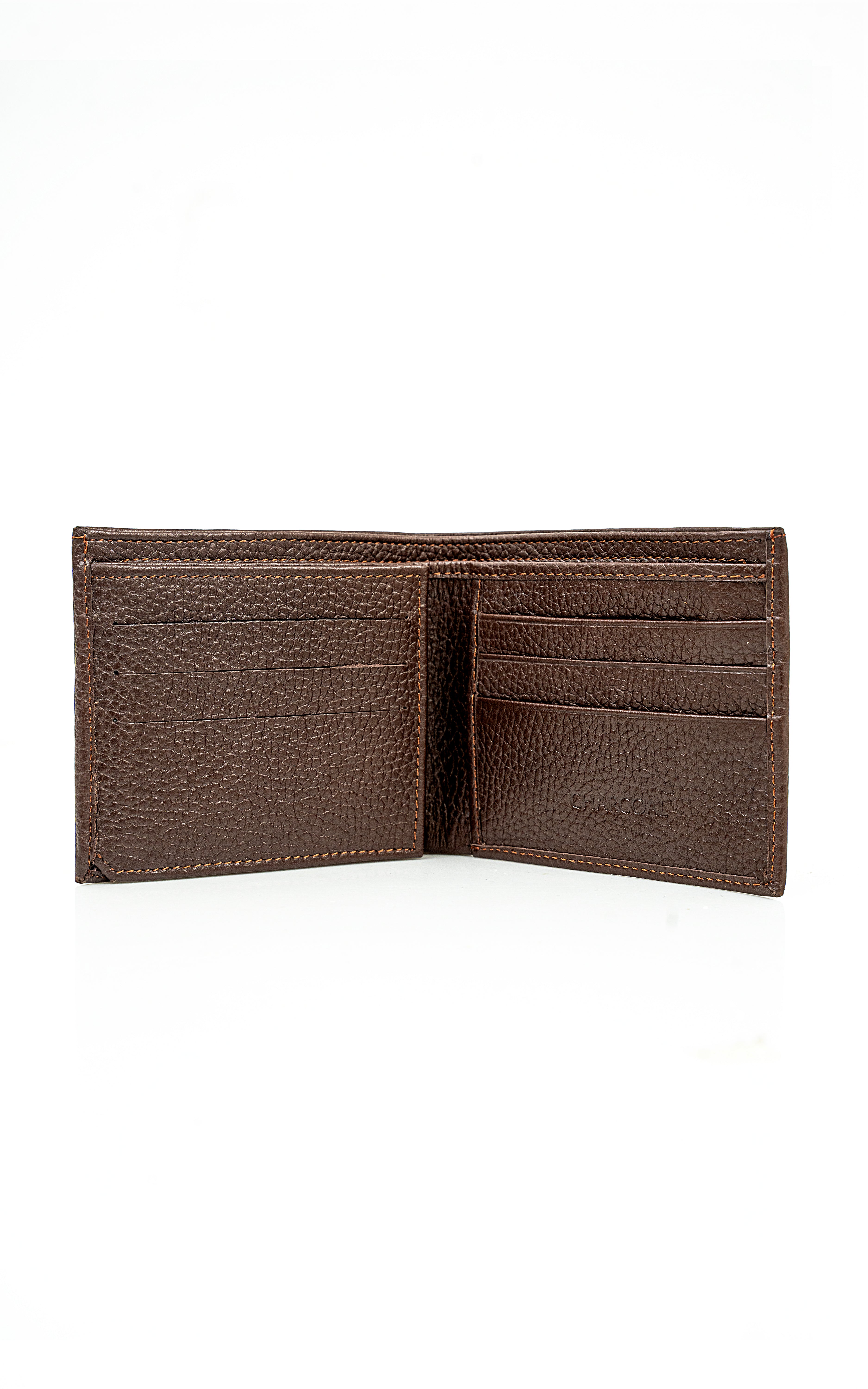 Brown leather wallet open, showing card slots and bill compartment