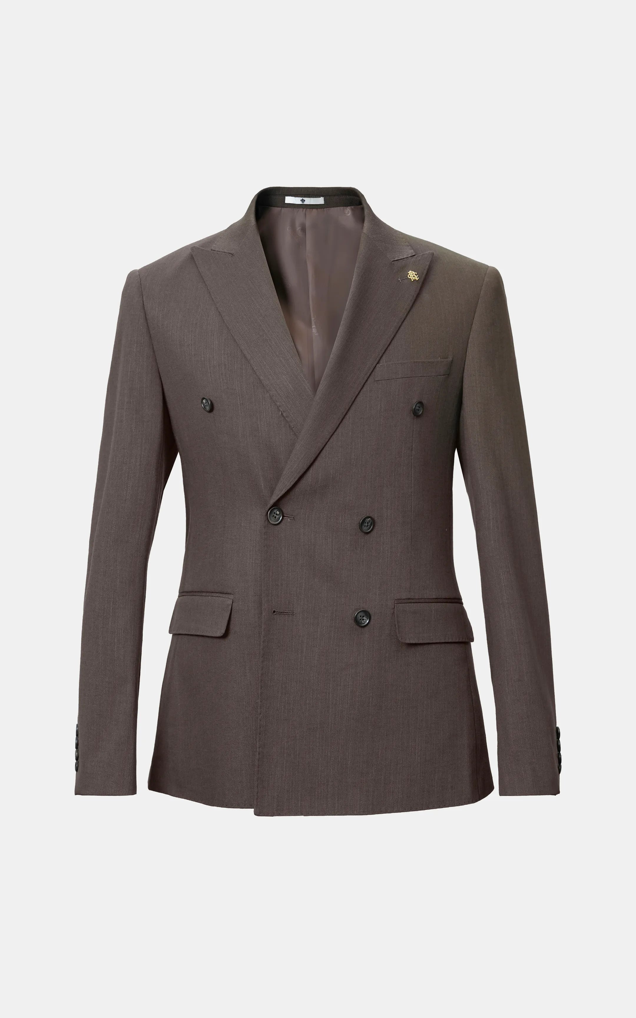 Brown casual coat with notch lapels, button front, flap pockets, long sleeves