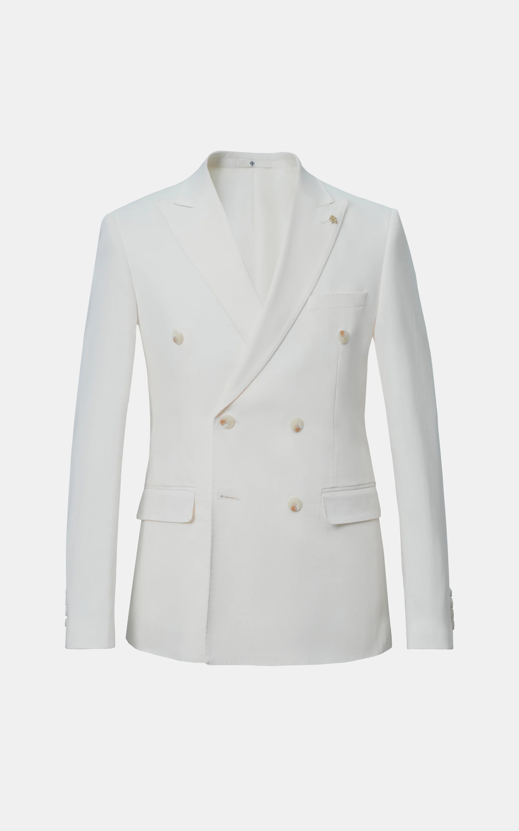 Off-white double-breasted coat blazer with notch lapels, button front, and pockets