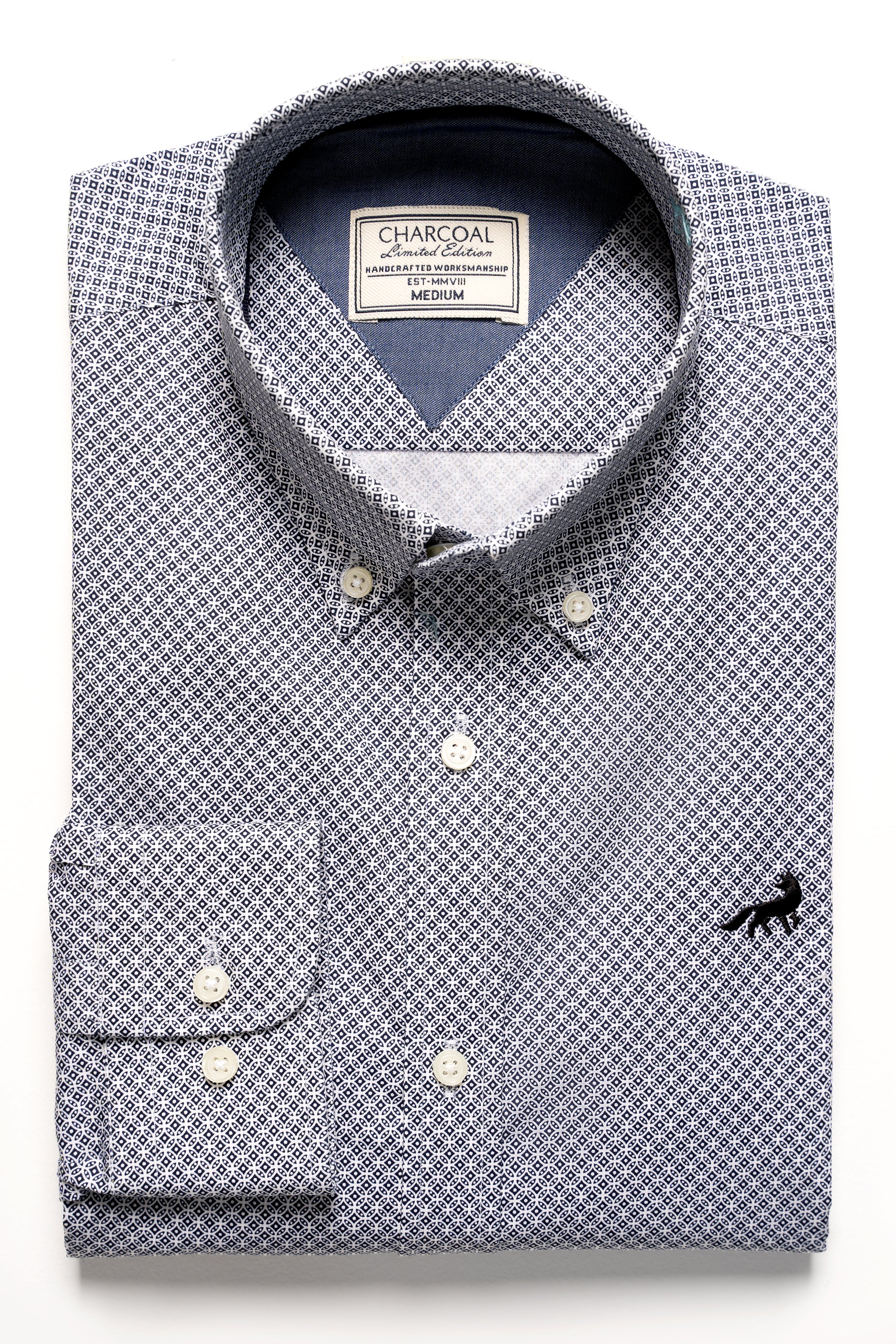 Men's button-down dress shirt, light blue and white geometric pattern, front buttons