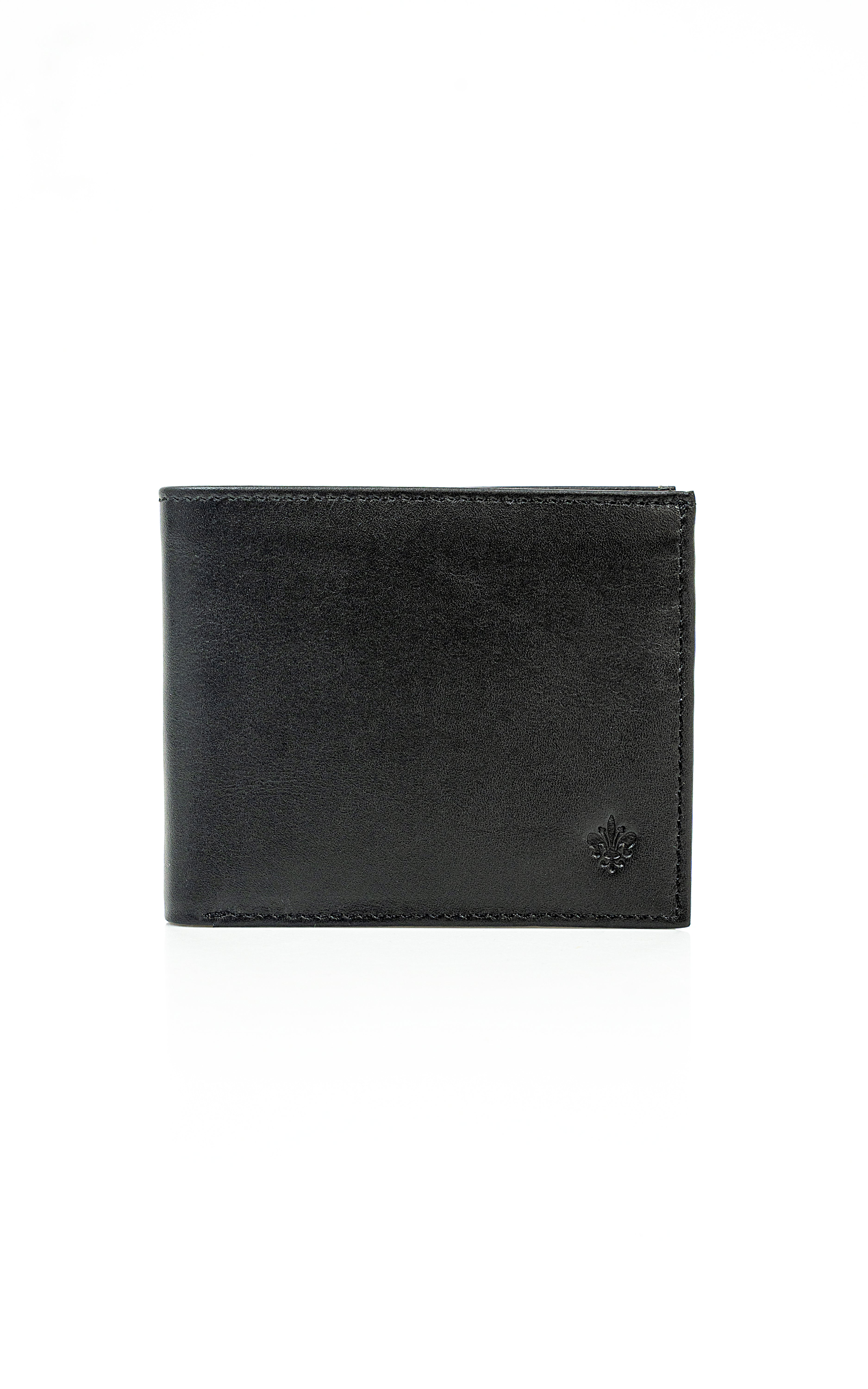 Black leather bifold wallet with stitched edges and embossed clover emblem