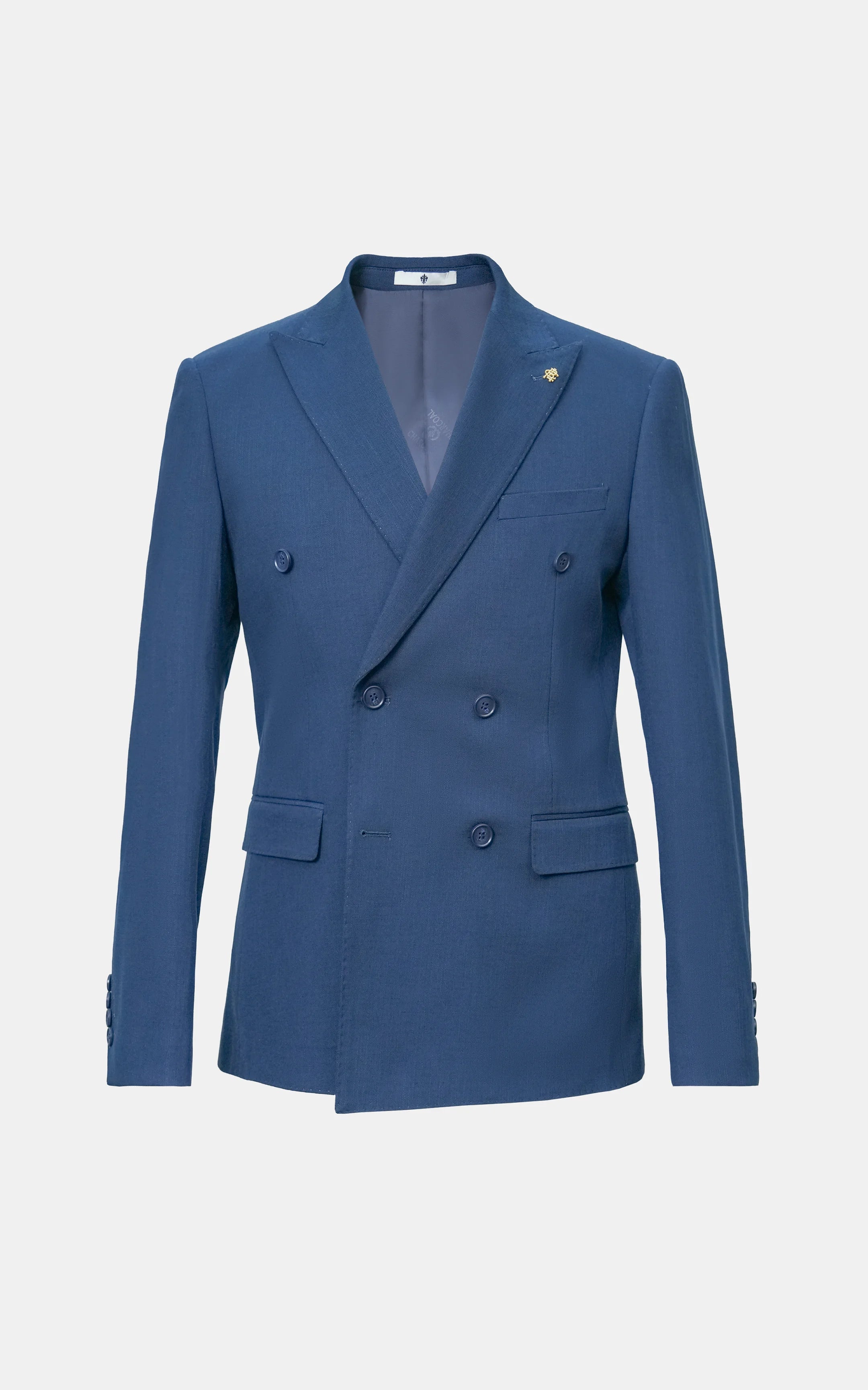 Navy double-breasted casual coat with notched lapels and two front flap pockets