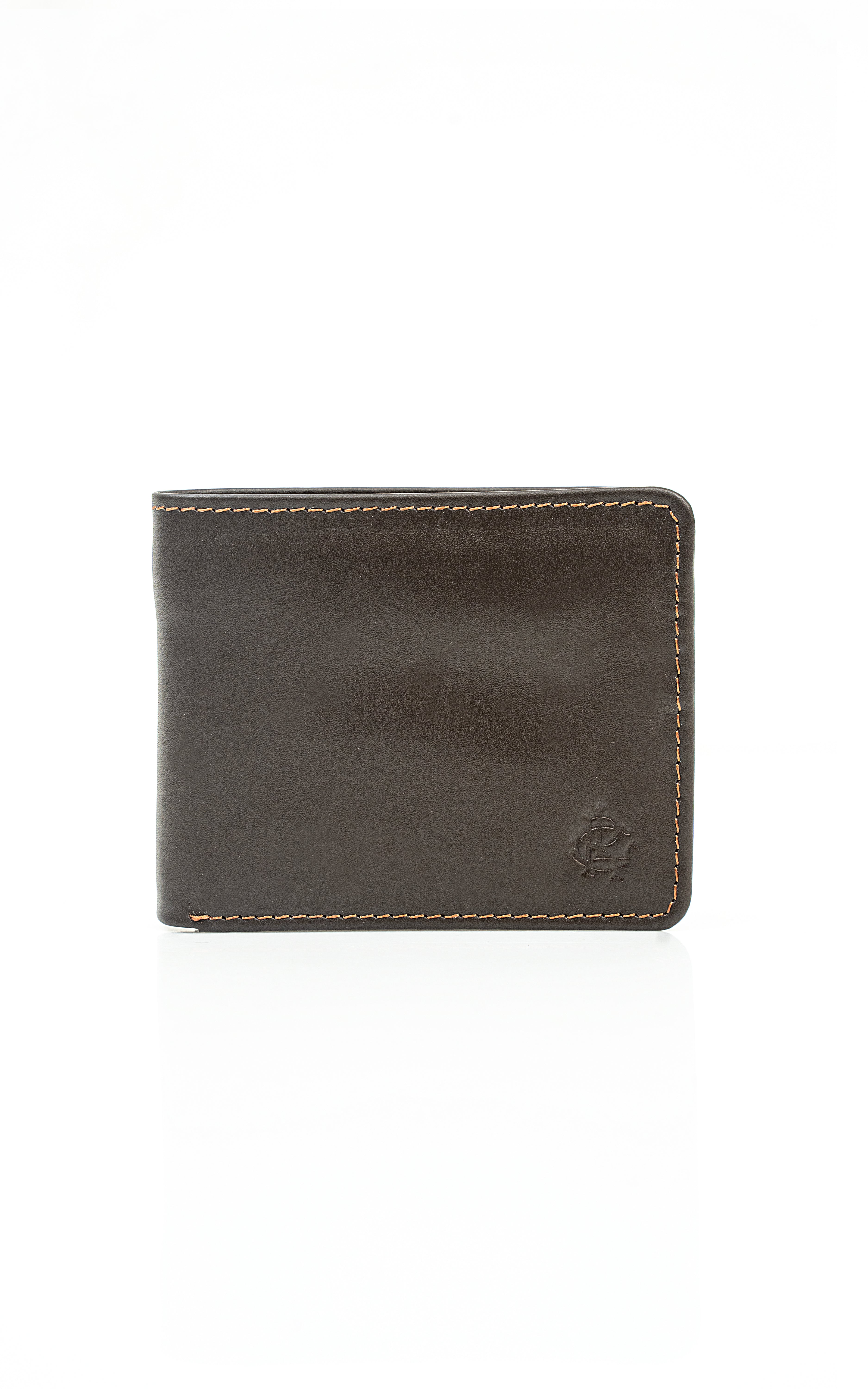 Brown leather bi-fold wallet with contrast stitching and small emblem on front