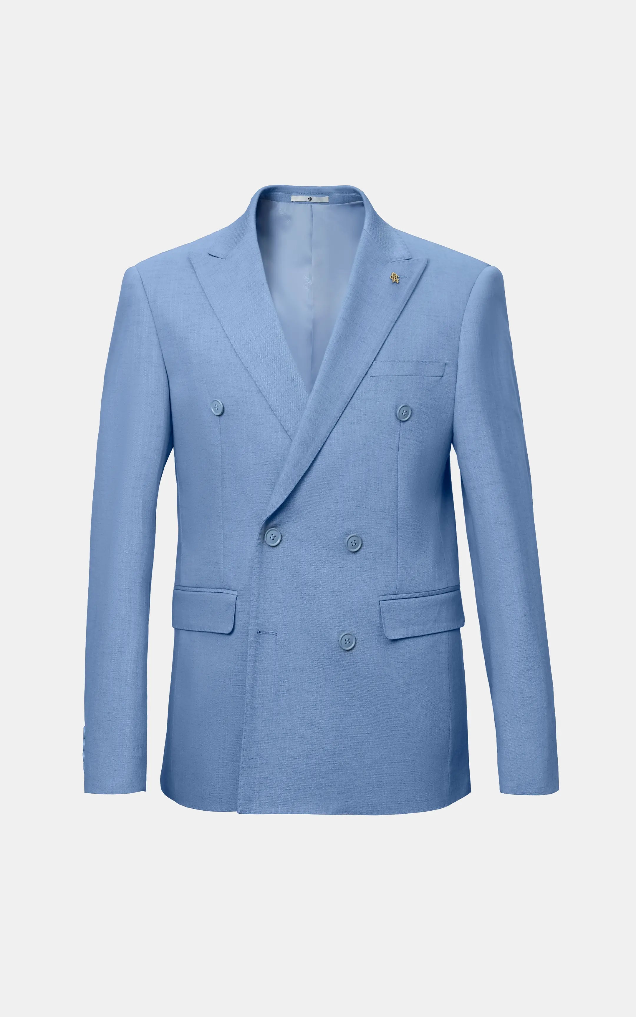 Light blue double-breasted casual coat with notched lapels and two front pockets
