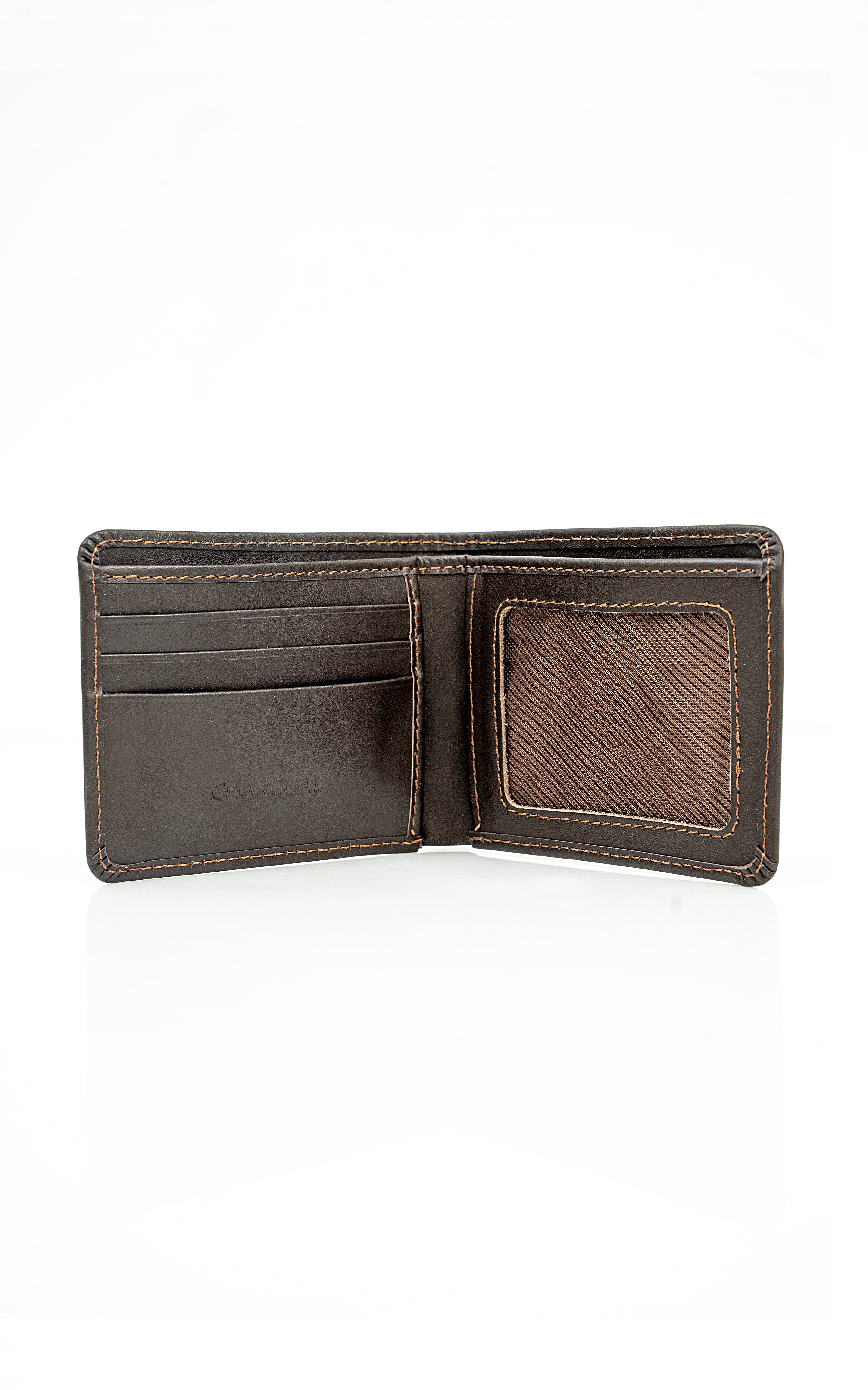 Brown leather wallet open view with card slots and stitched interior fold