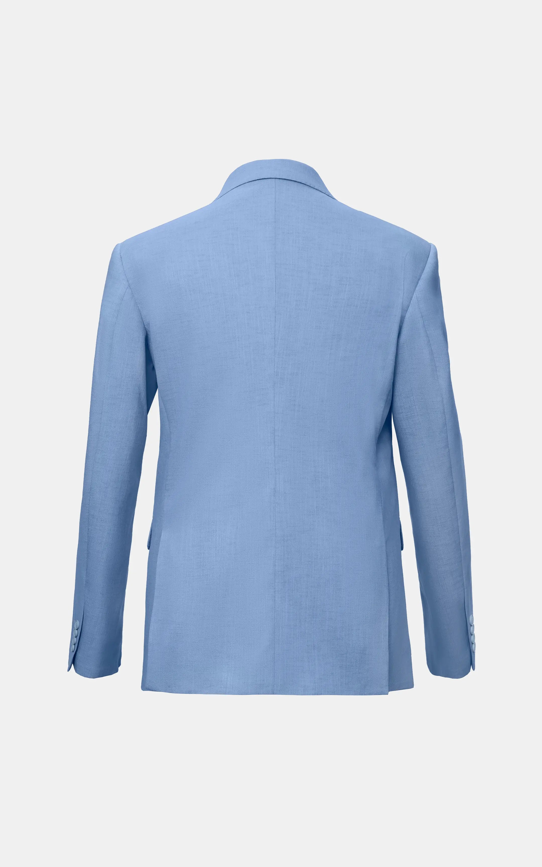 Light blue casual coat back view with button closure and notch collar