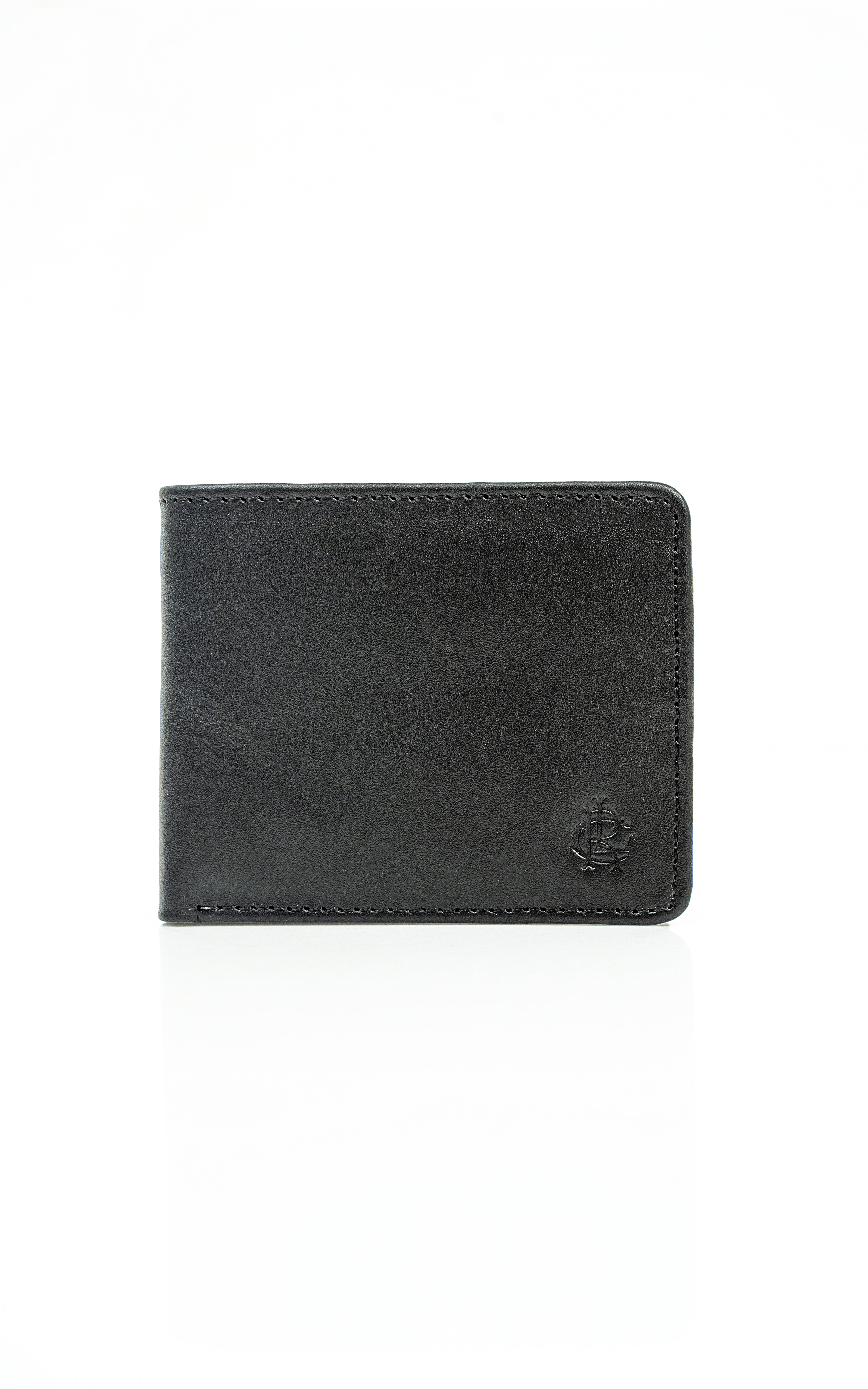 Black leather bifold wallet with stitched edges and embossed logo on front.