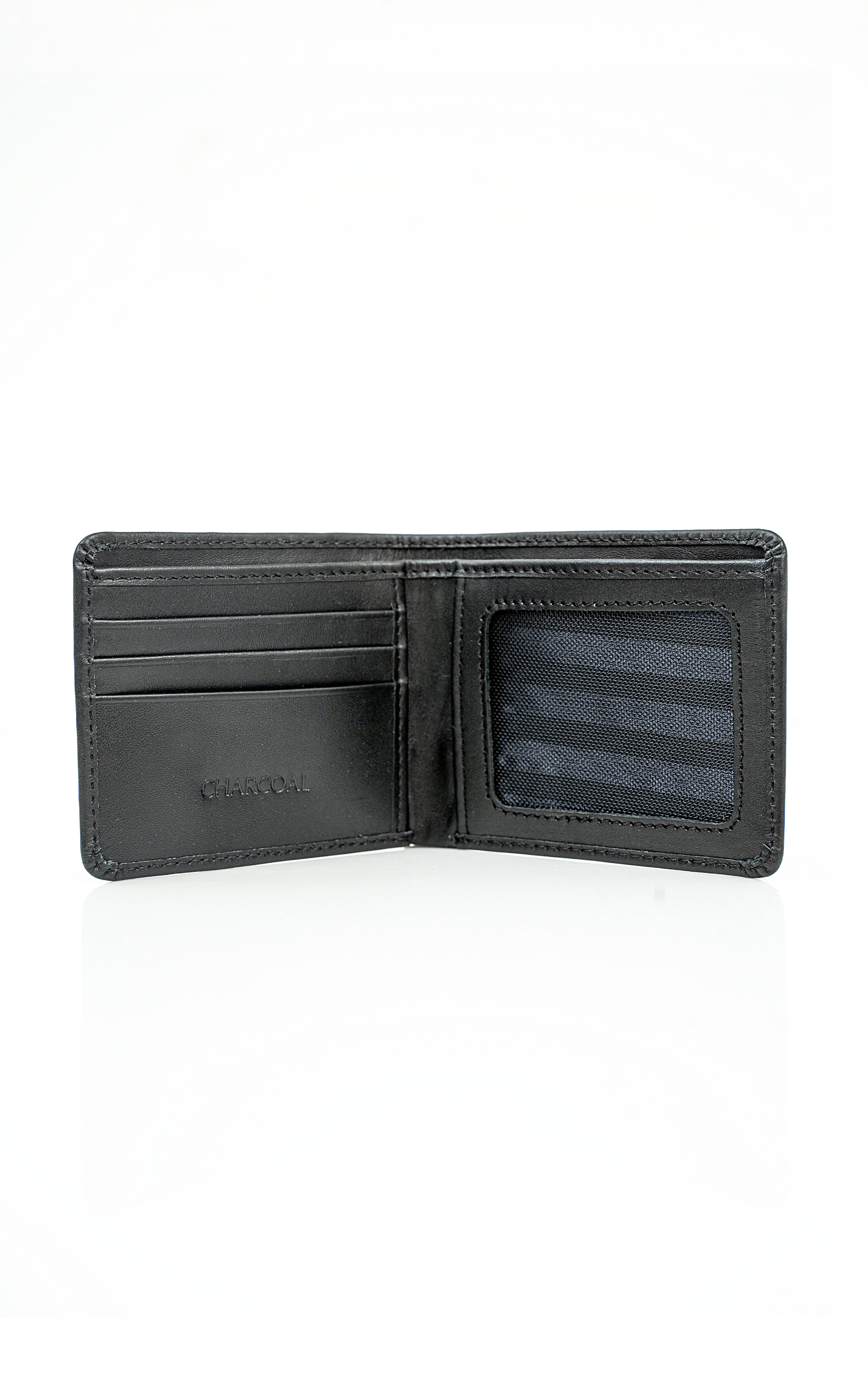 Black leather bifold wallet interior with card slots and clear ID window.