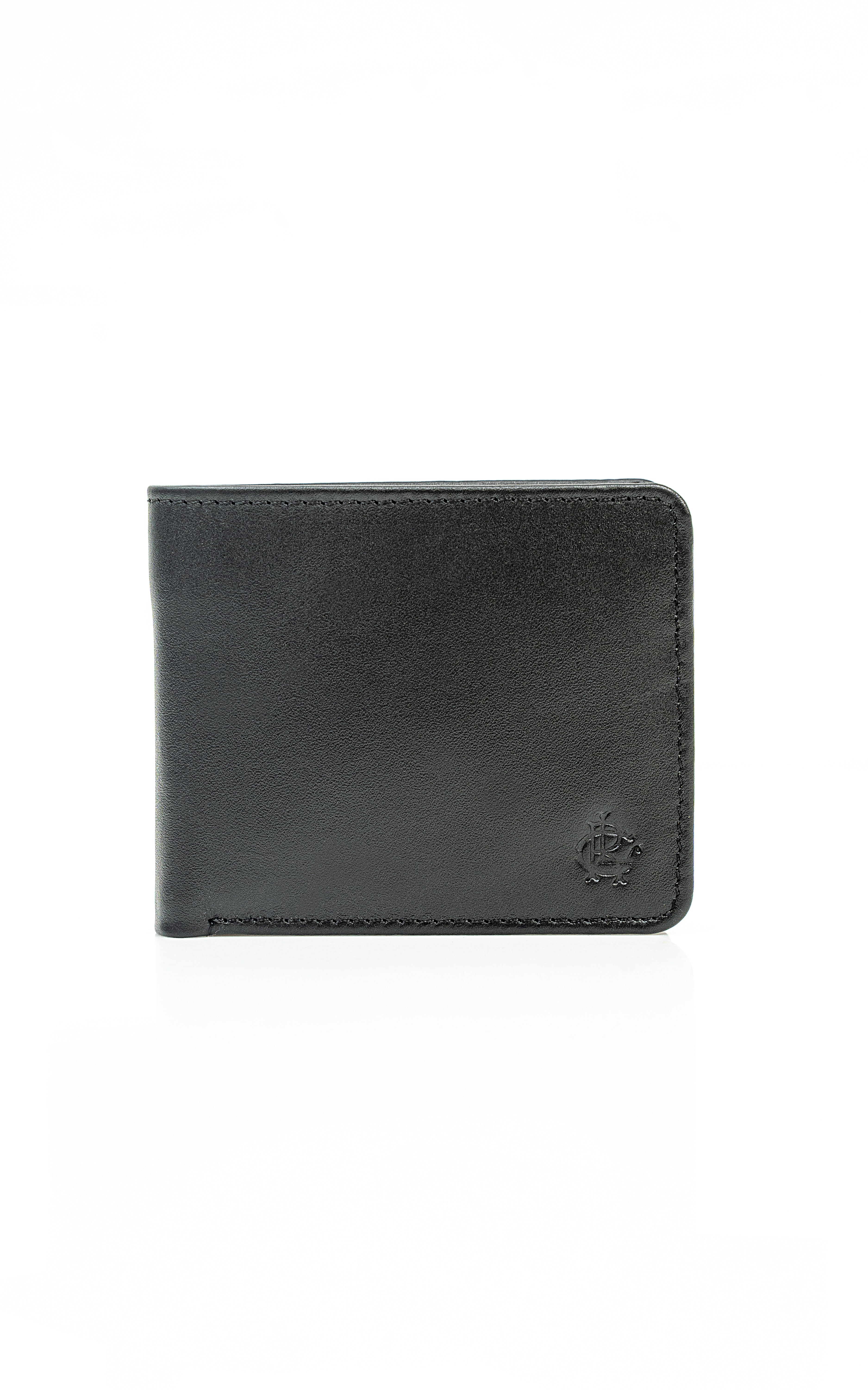 Black leather bi-fold wallet front with embossed logo