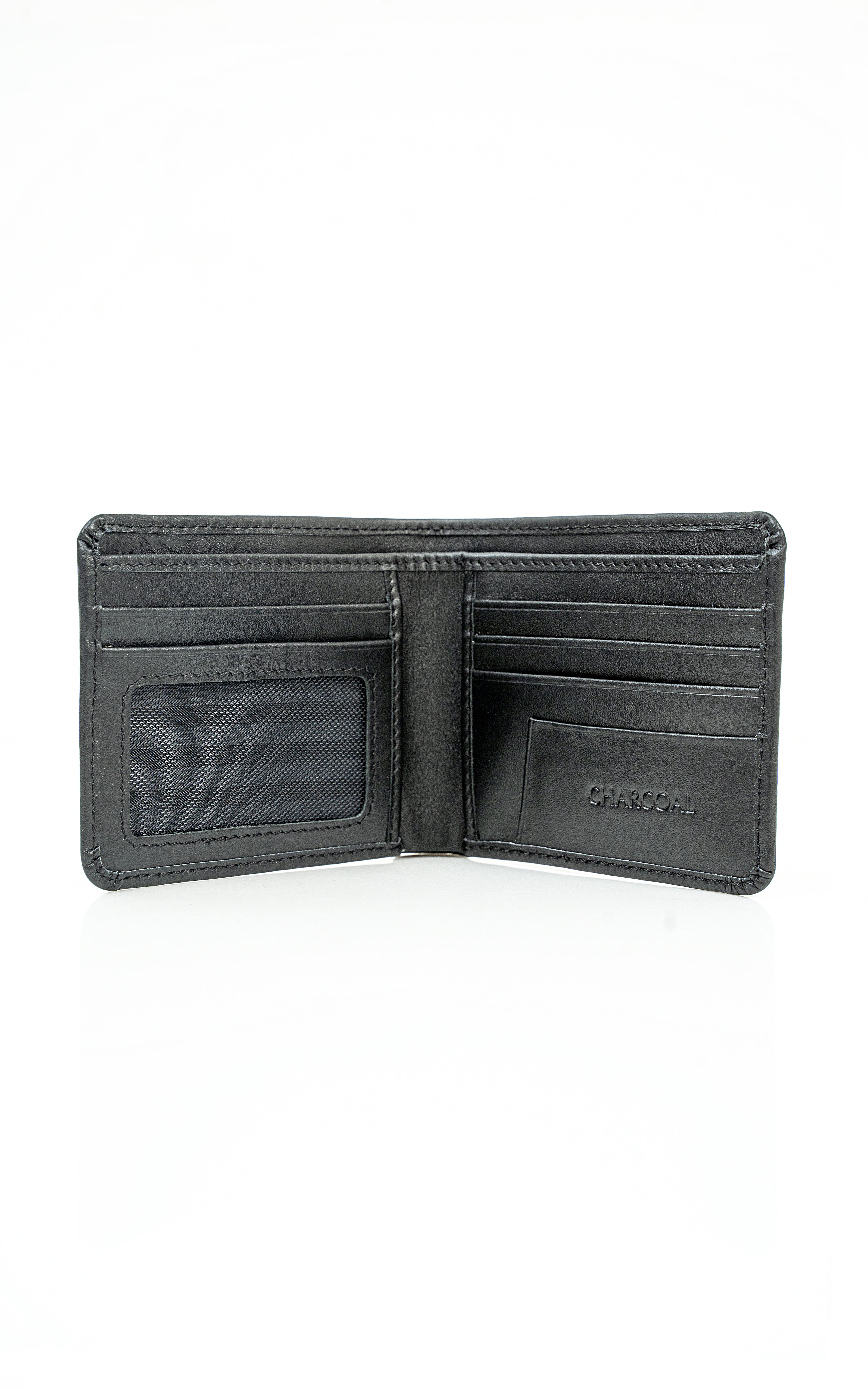 Black bi-fold wallet interior with card slots and bill compartment