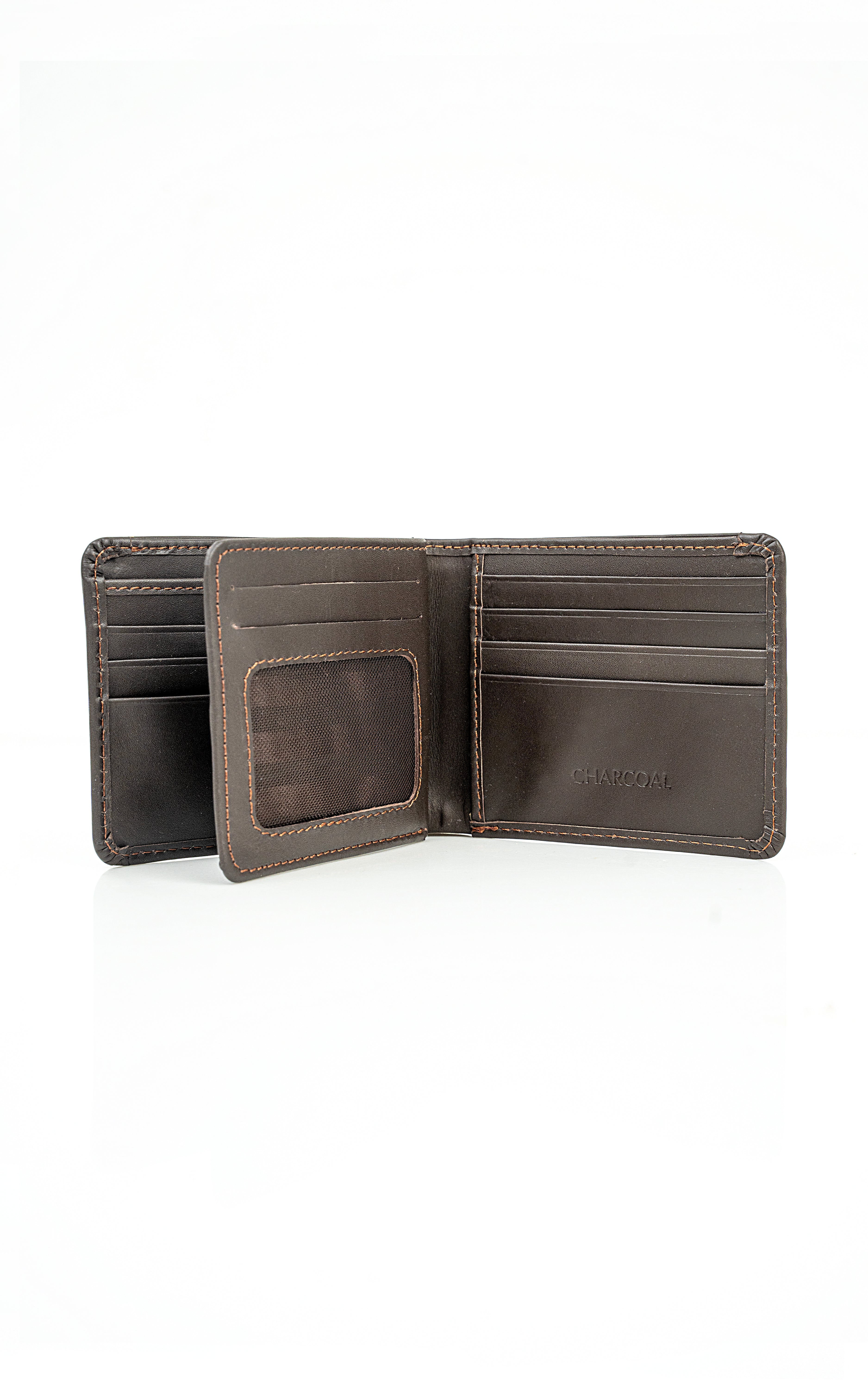 Open bifold wallet in dark brown with card slots and stitched interior