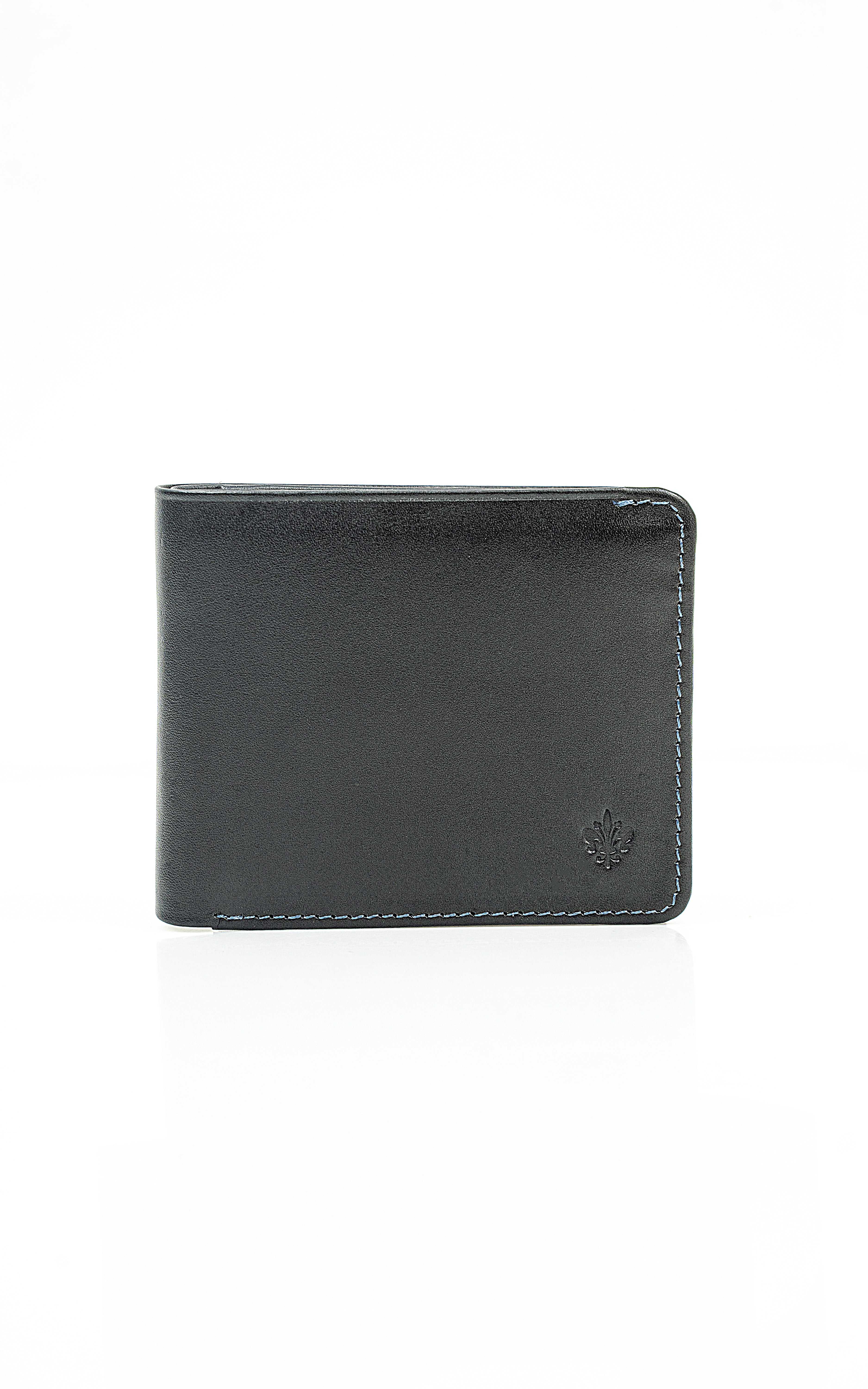 Leather bi-fold wallet with stitched edge, dark color.