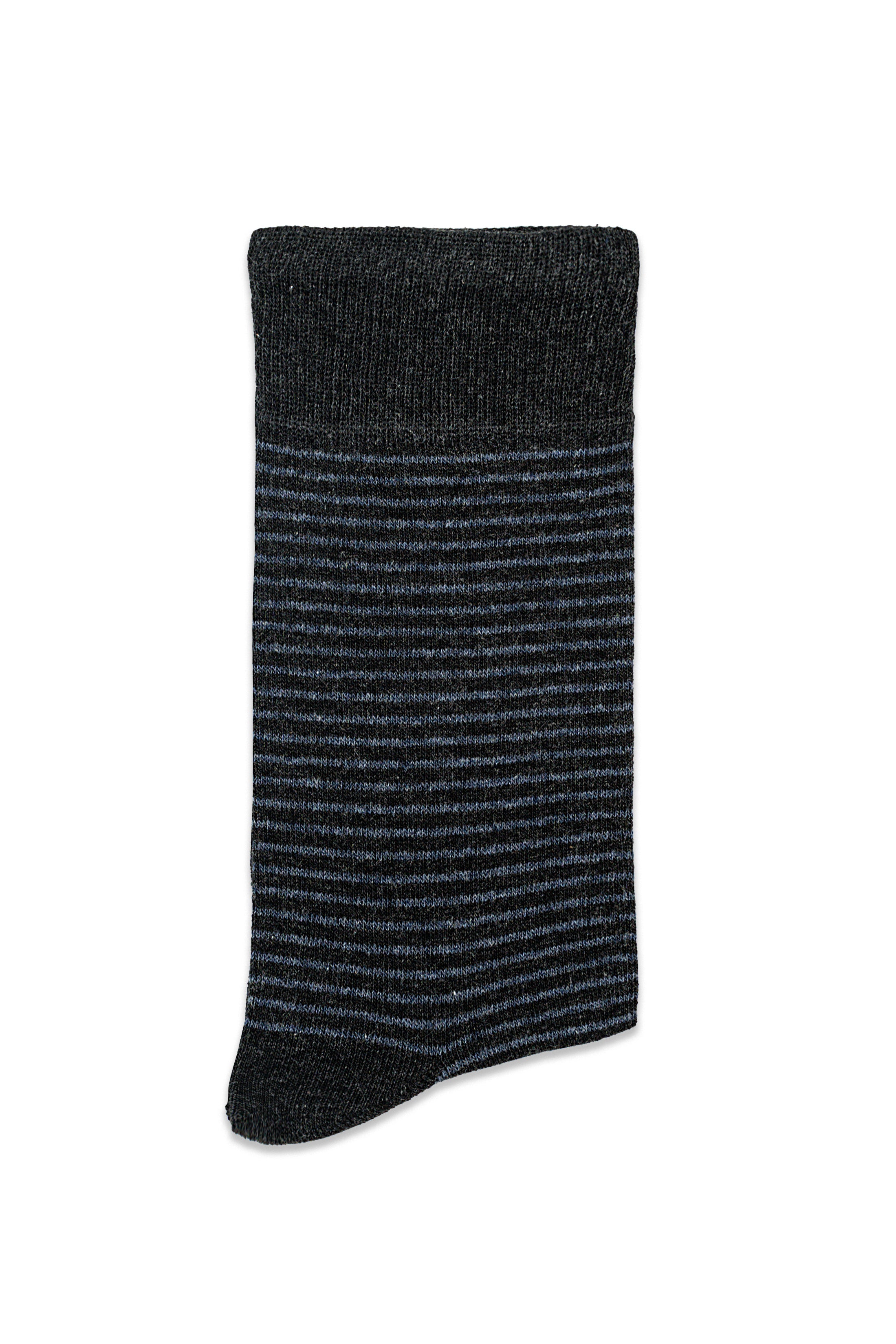 Formal dress sock in dark charcoal with fine horizontal stripes and ribbed cuff