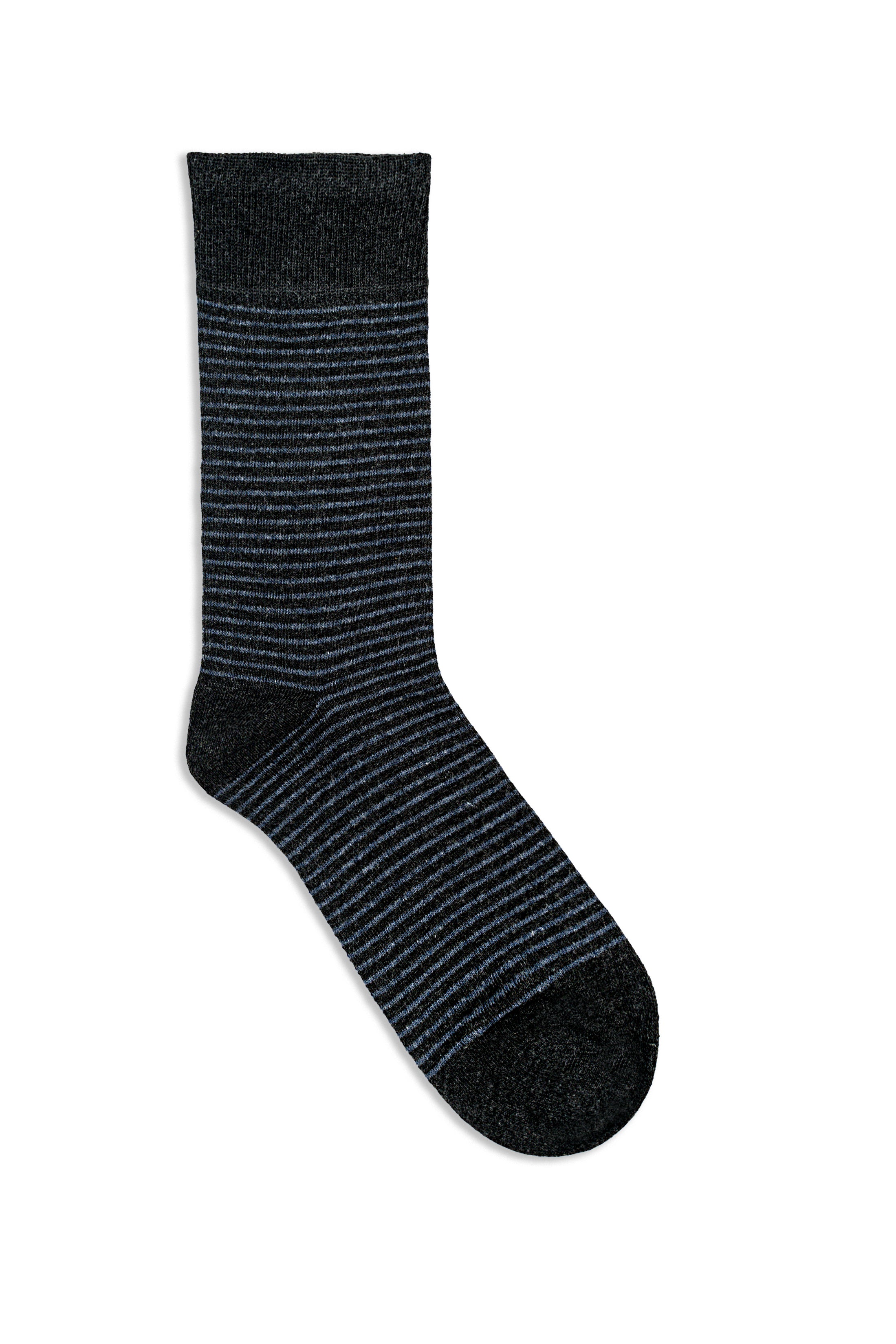 Charcoal crew sock with horizontal stripes and cushioned toe, ribbed cuff